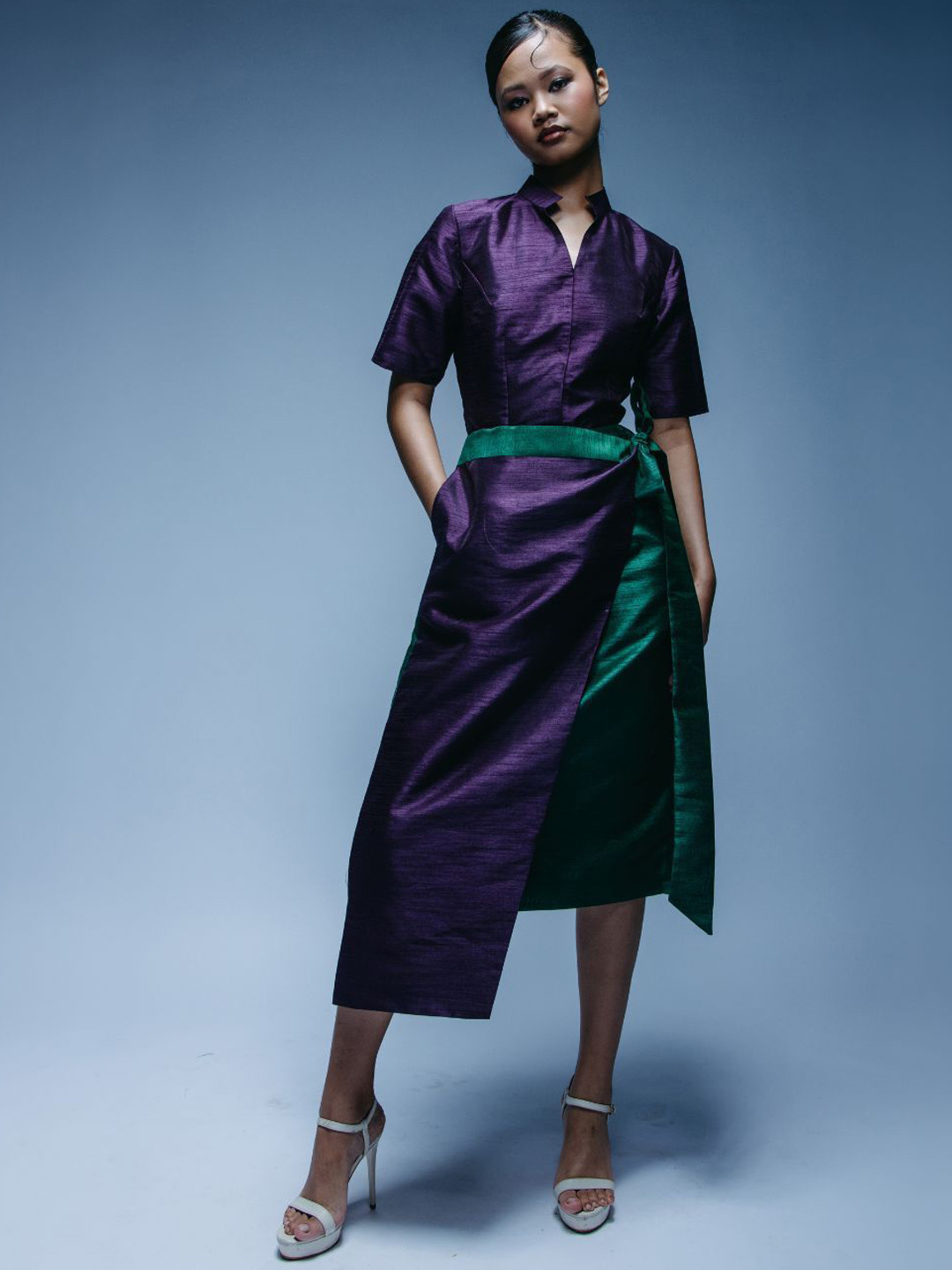 Chhaya Gandhi Design Studio Colourblocked Rawsilk A-Line Knee-Length Wrap Skirt With Flap