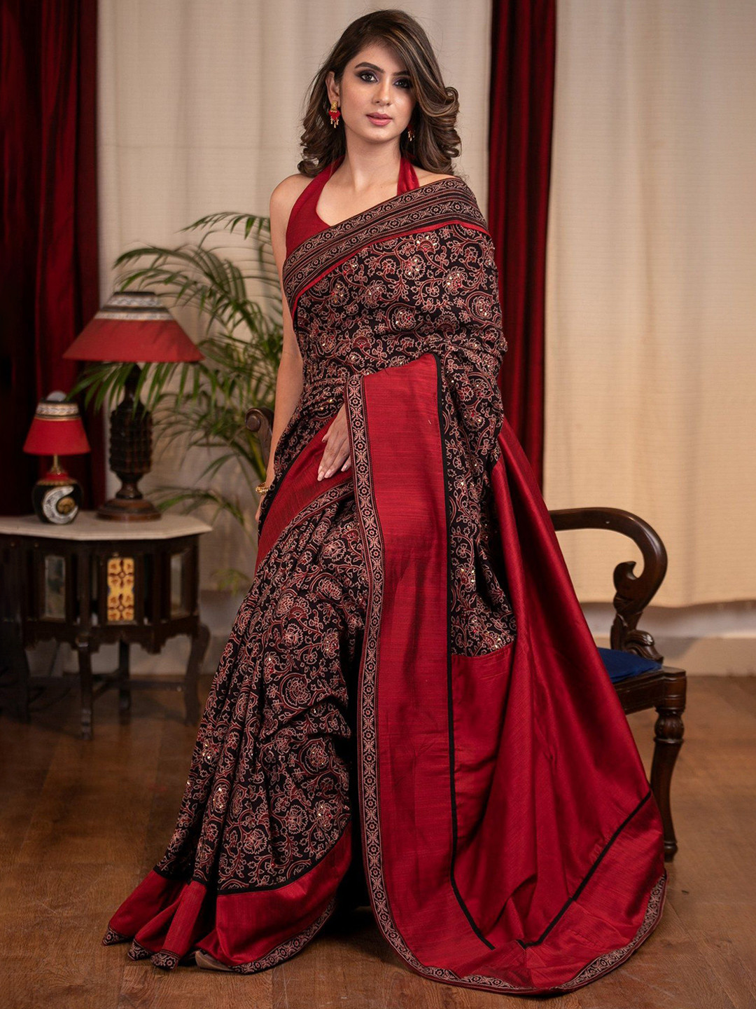 SUJATRA Ajrakh Saree With Exclusive Stone Embellishments