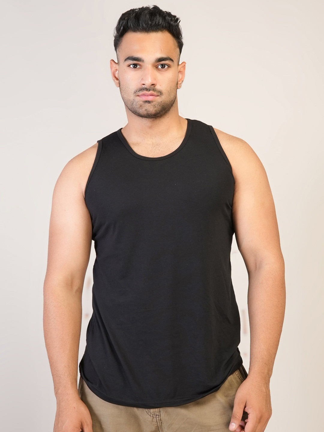 PINK GRAPES Cotton Round Neck Gym Vest VEST-PLAIN-BLACK-M