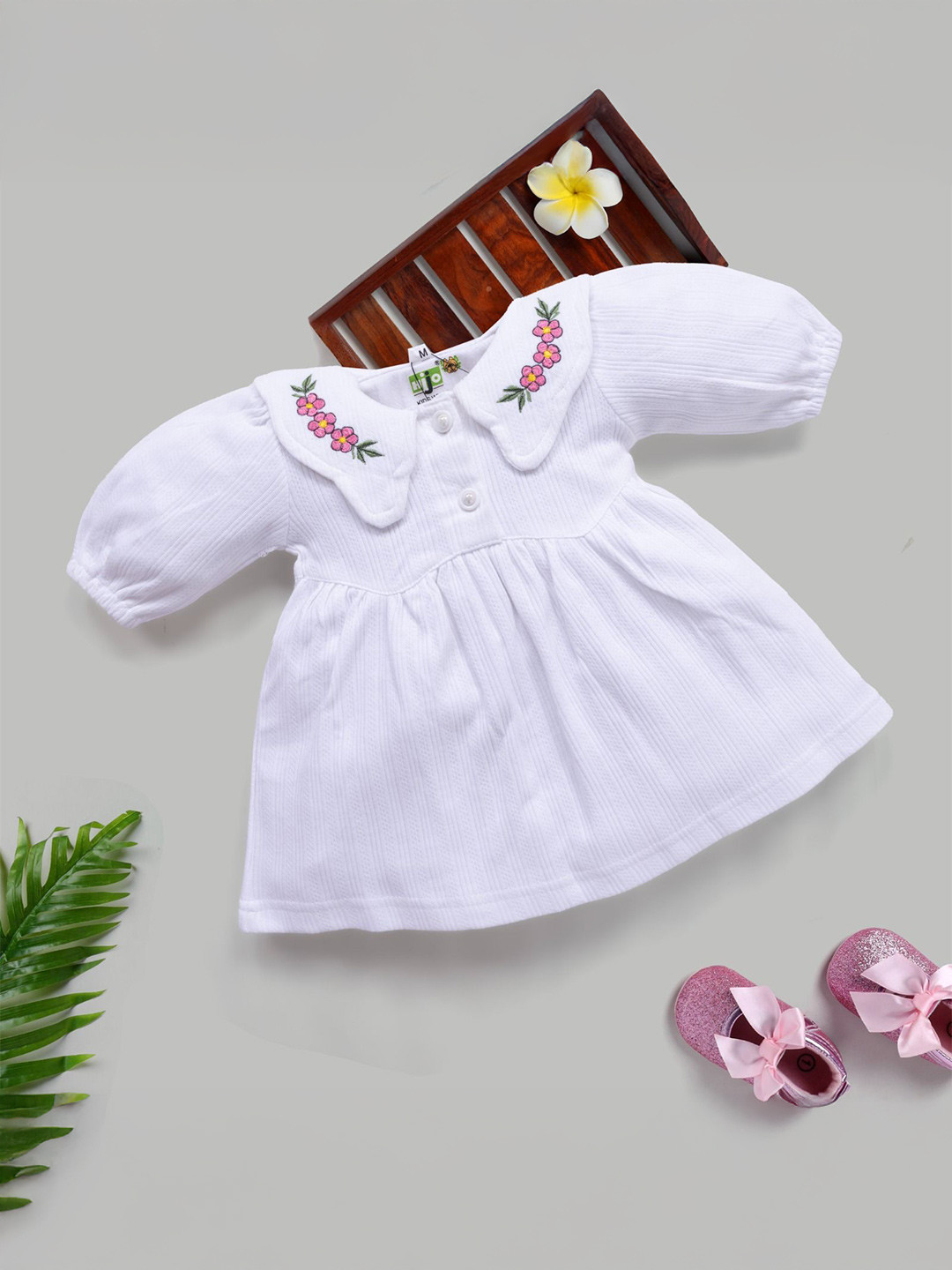 Hijo Kids Wear Girls Floral Embroidered Peter Pan Collar Puff Sleeve Fit & Flare Dress