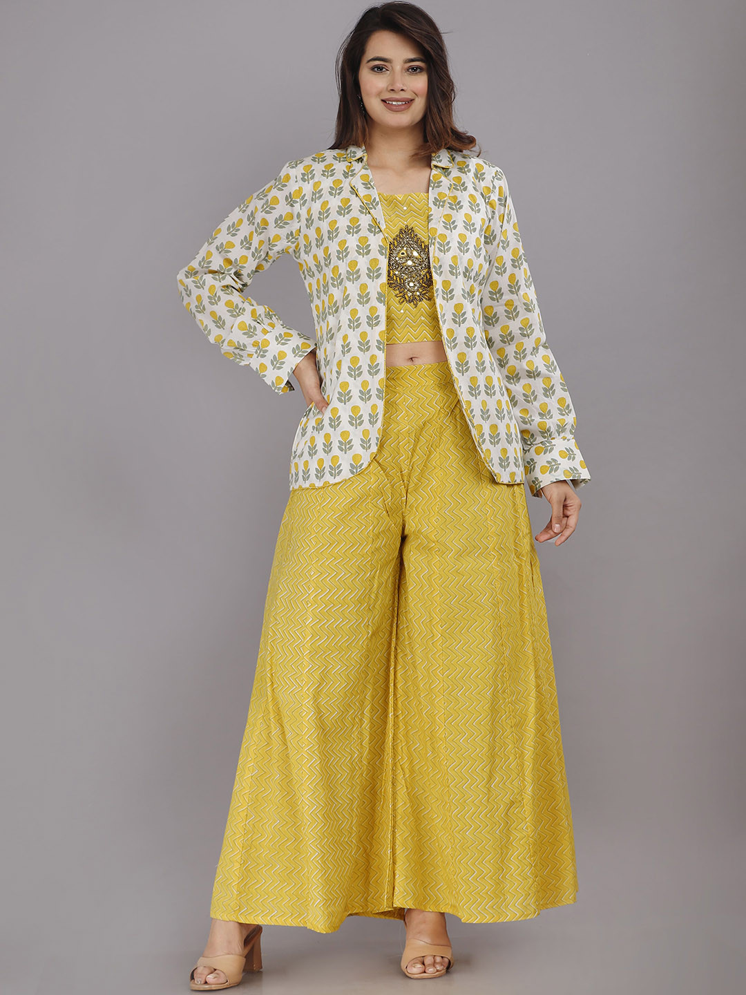 OH MI DIOS Yellow Printed Cotton Co-Ords with Embroidered Top