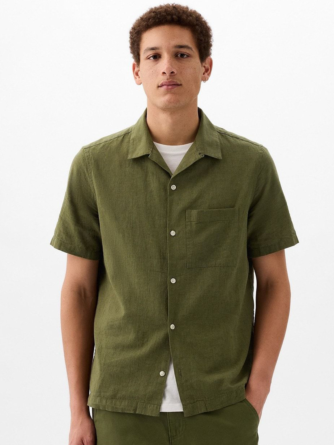 GAP Floral Print Short Sleeve Spread Collar Classic Linen Shirt