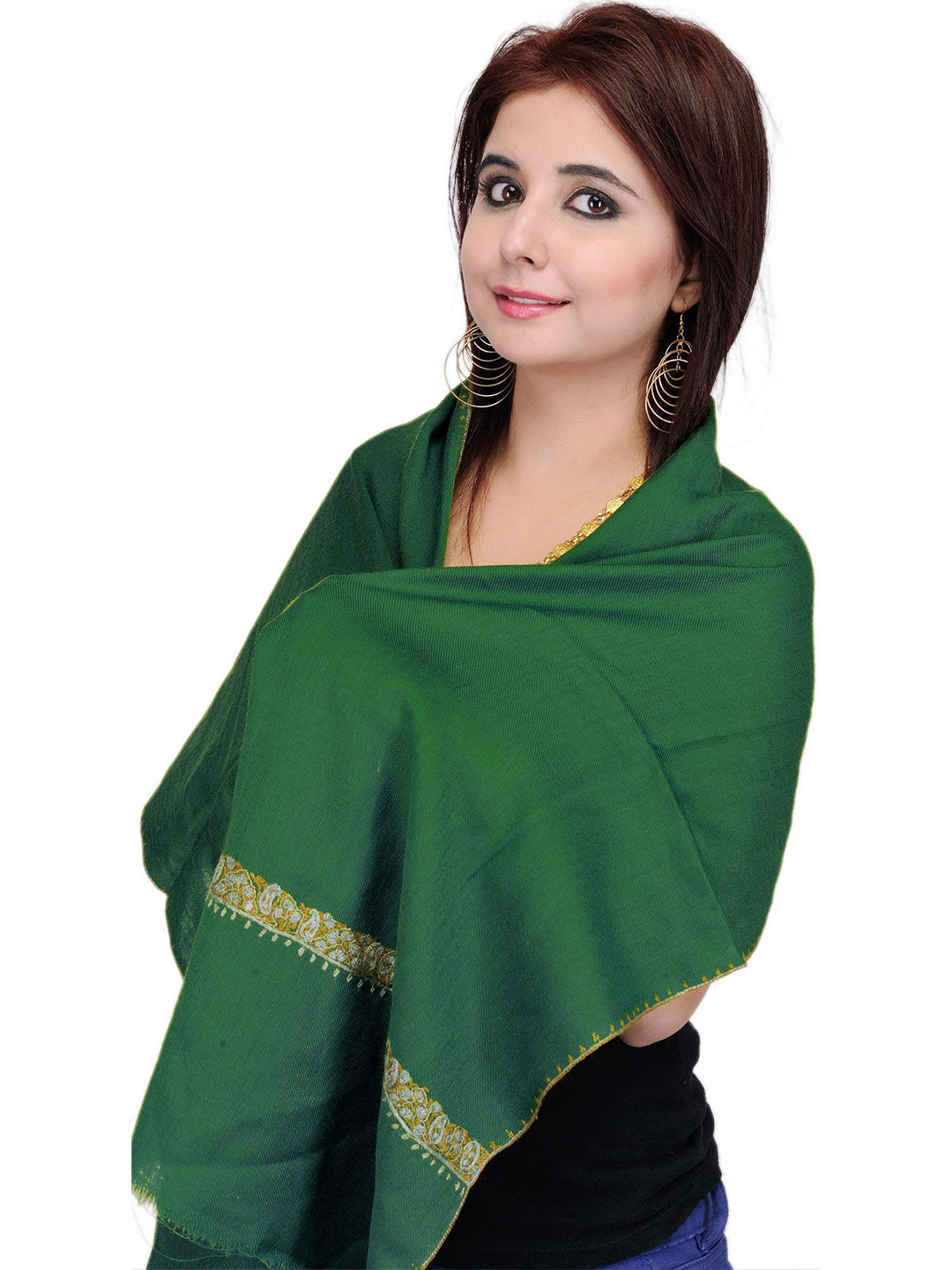 Exotic India Women Woolen Tusha Scarf from Kashmir with Sozni Embroidered Border