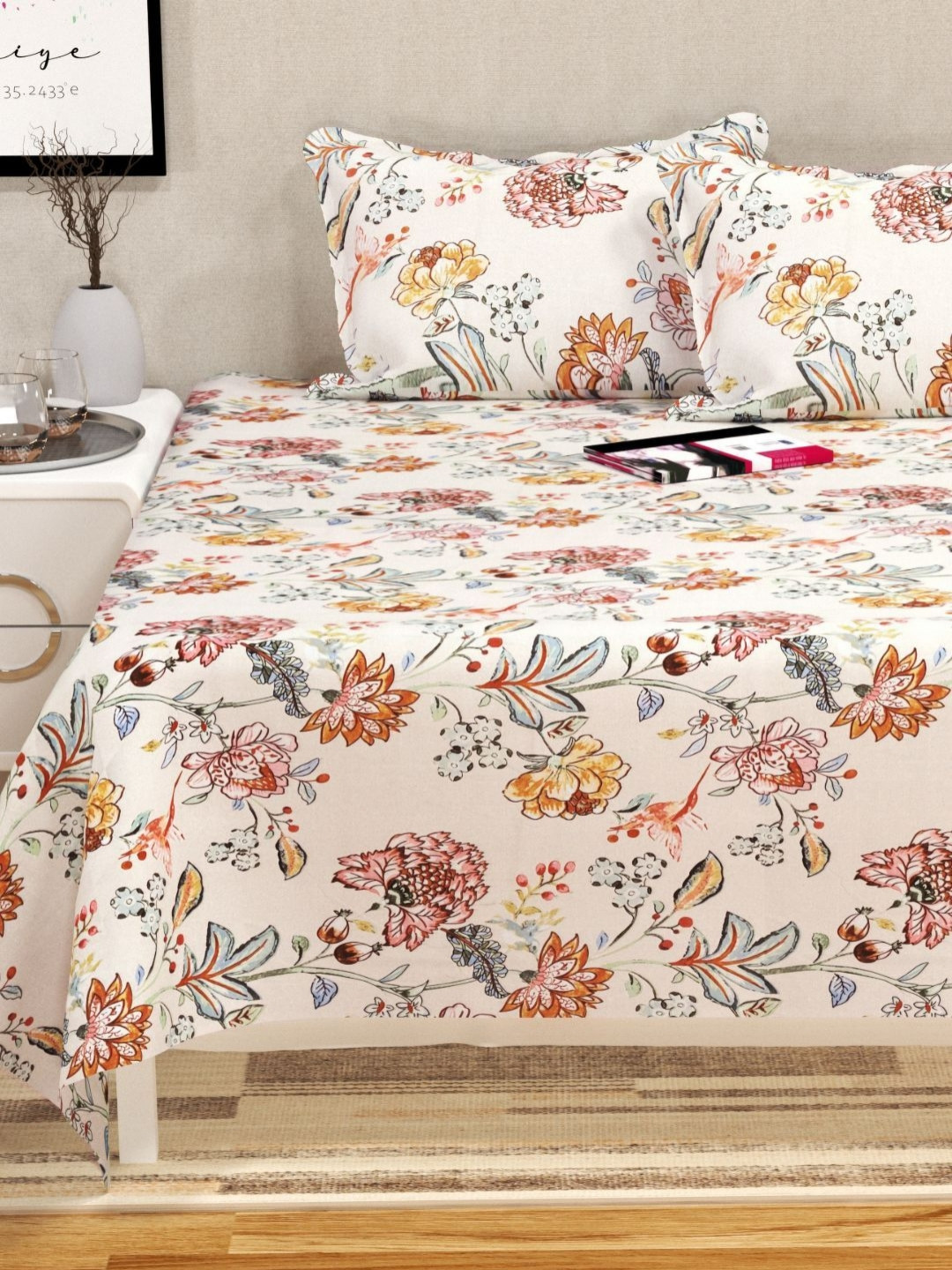 San Marino Cream & Red Floral Printed Cotton 350 TC Queen Bedsheet Set- 2.54 m x 2.28 m