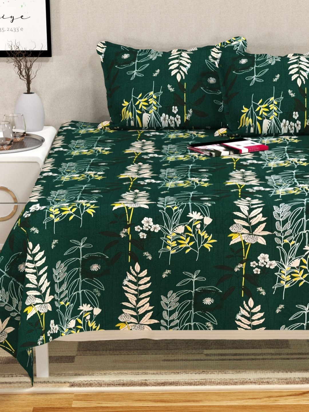 San Marino Green & White Floral Printed Cotton 350 TC Queen Bedsheet Set-1.82 m x 1.98 m