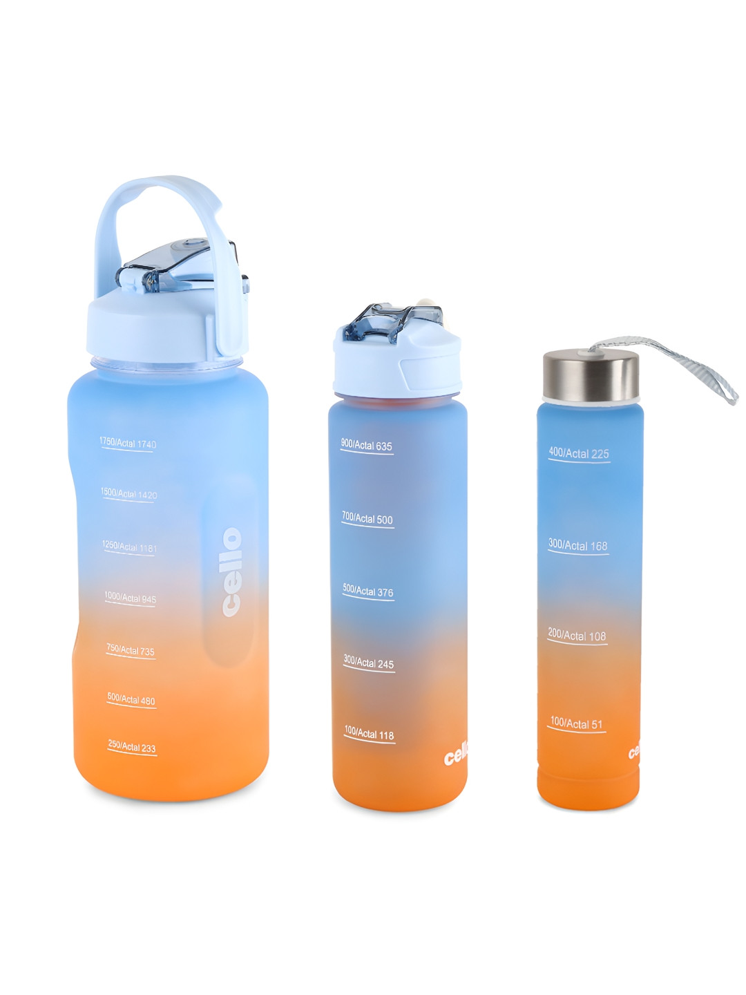 Cello Blue & Orange 3 Pieces Motivational Gym Colourblocked BPA Free Water Bottle- 310 ml