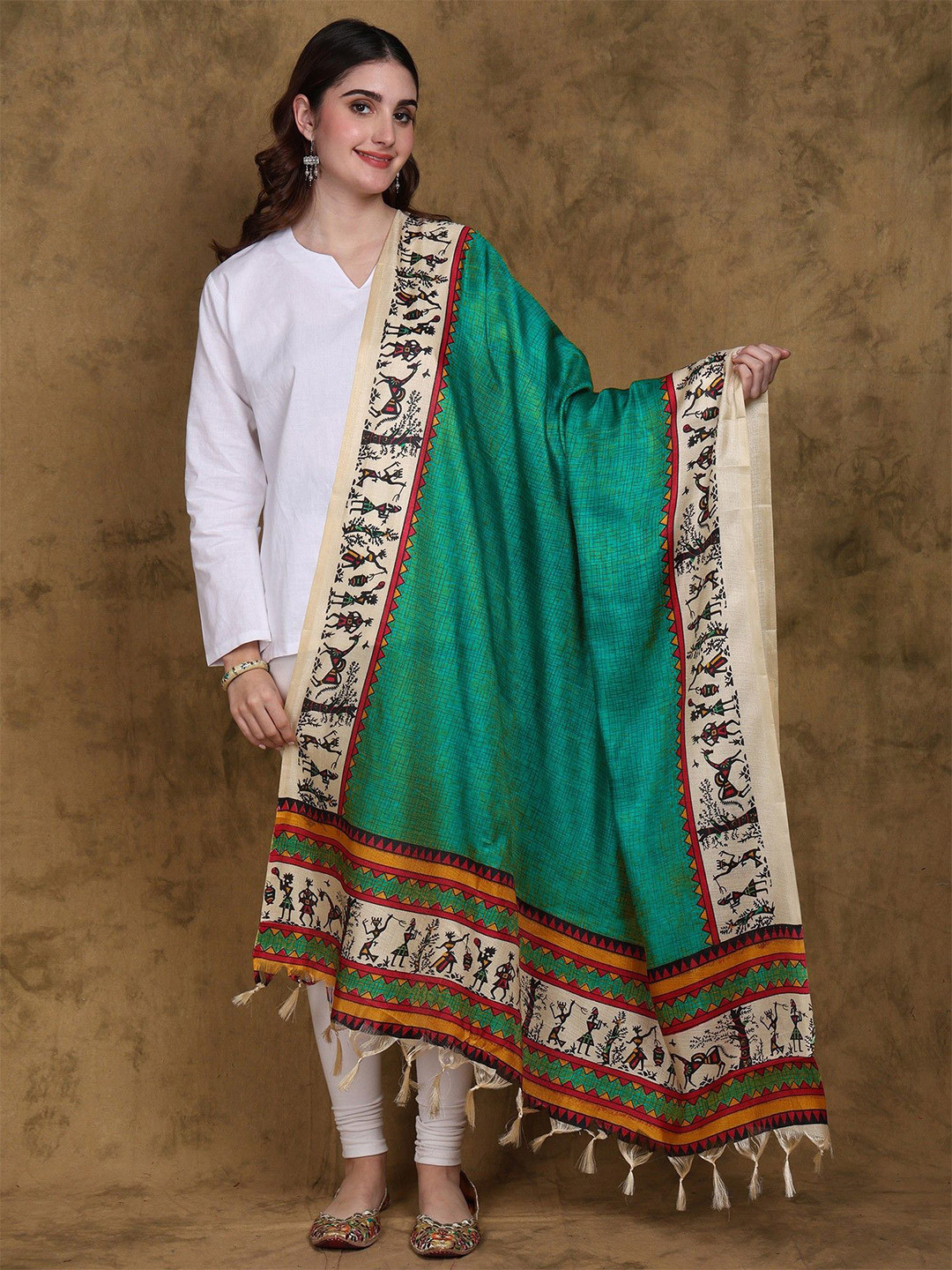 Exotic India Ethnic Motifs Printed Dupatta With Warli Art Print Border