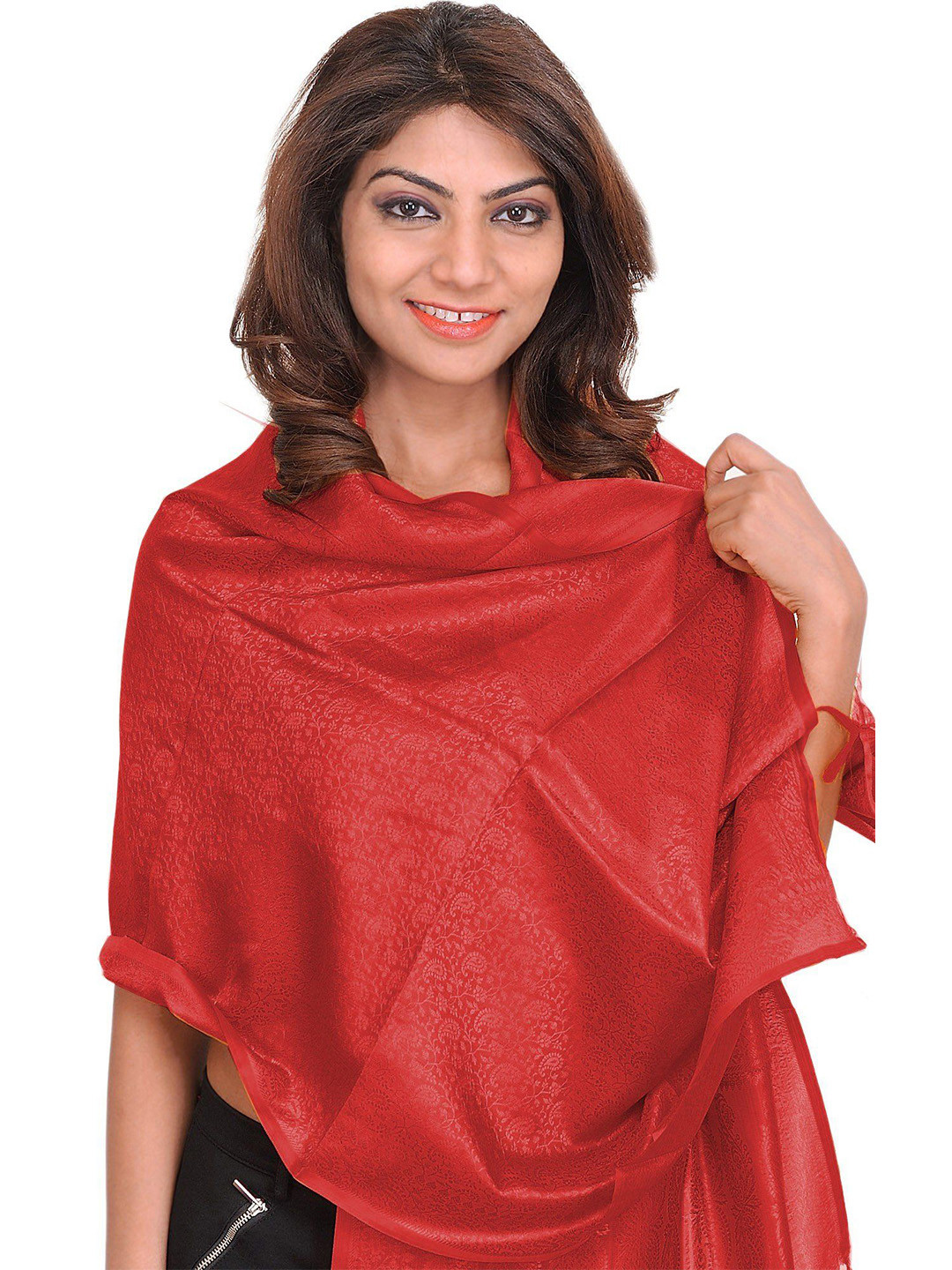 Exotic India Women Printed Banarasi Scarf With Tanchoi weave