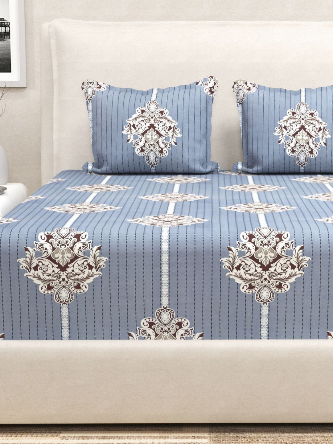 San Marino Blue Floral Printed Cotton 350 TC Fitted King Bedsheet Set- 1.82 m x 1.98 m