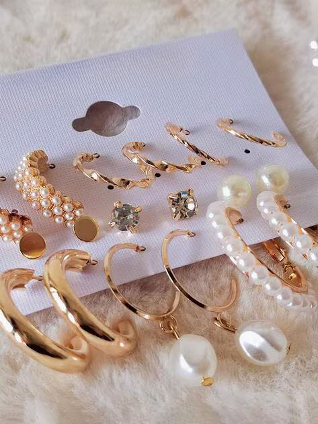 PolluxCraftSet Of 9 Gold-Plated Pearls Beaded Contemporary Half Hoop Earrings