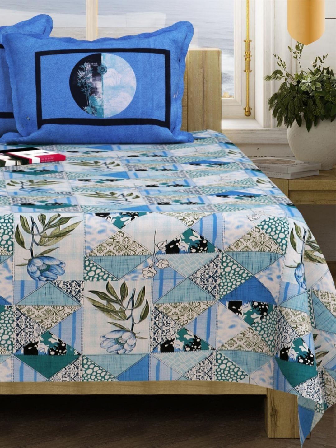 San Marino Blue & White Floral Printed Cotton 350 TC Queen Bedsheet Set- 2.54 m x 2.28 m