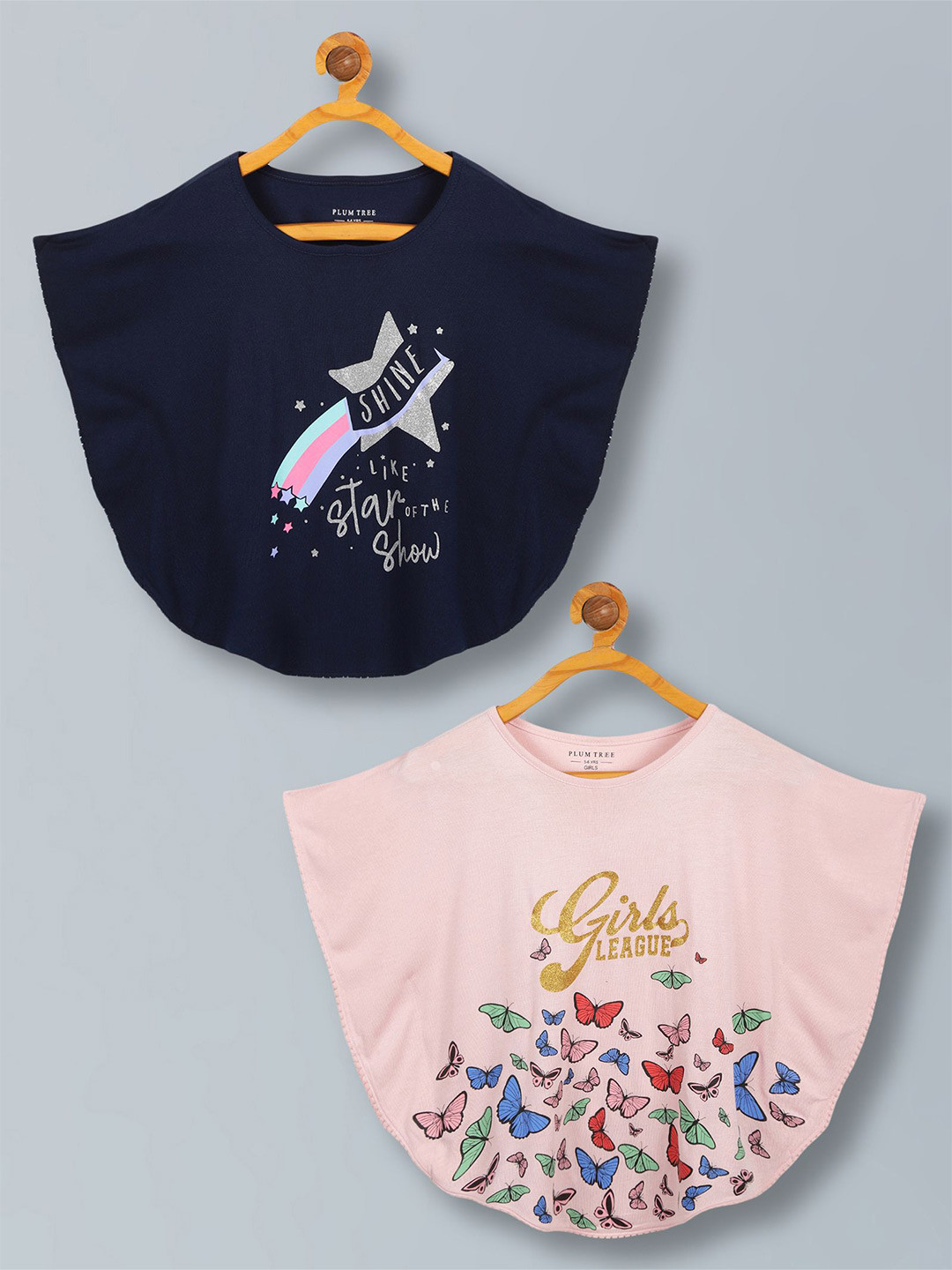 PLUM TREE Girls Pack Of 2 Graphic Printed Cape Sleeves Top