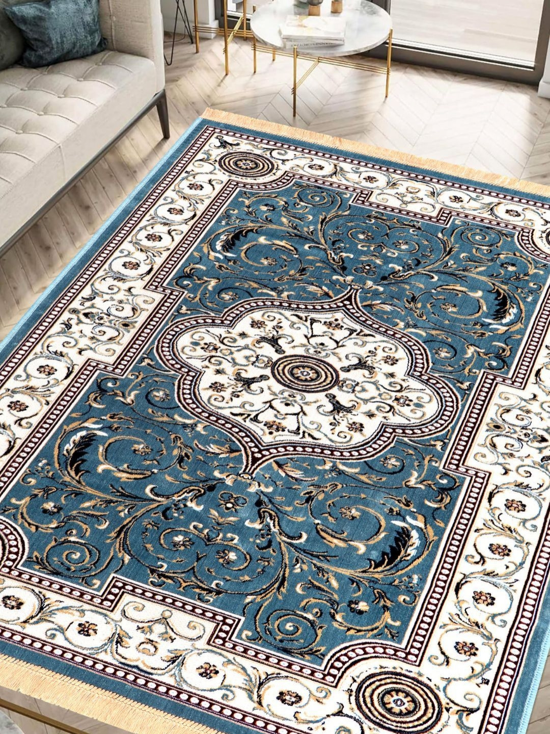 San Marino Blue Ethnic Motifs Printed Traditional Anti-Skid Chenille Carpet