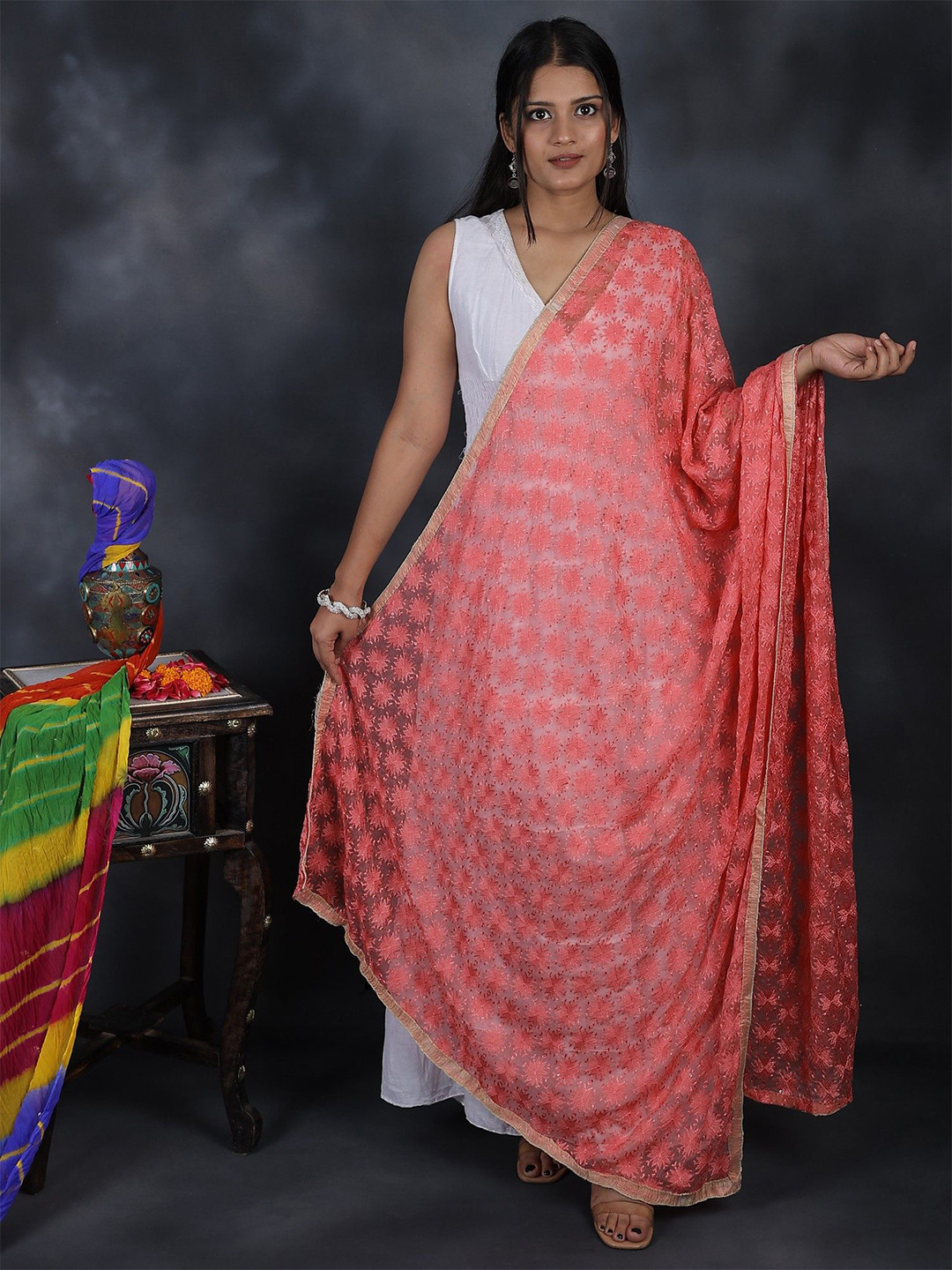 Exotic India Phulkari Extra Wide Chiffon Dupatta From Punjab With Embroidered Bootis