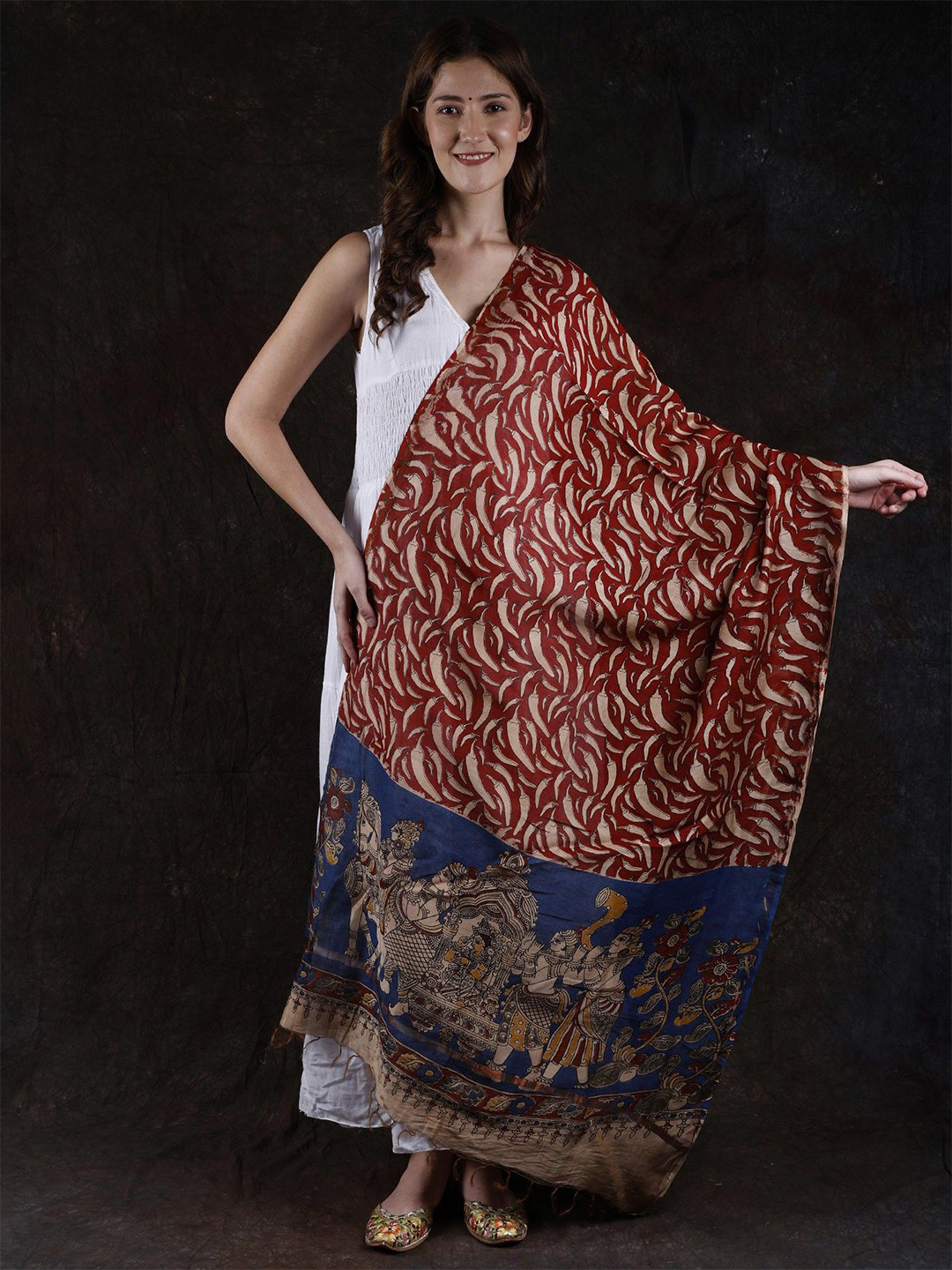 Exotic India Kalamkari Pure Cotton Dupatta From Telangana With Wedding Palanquin