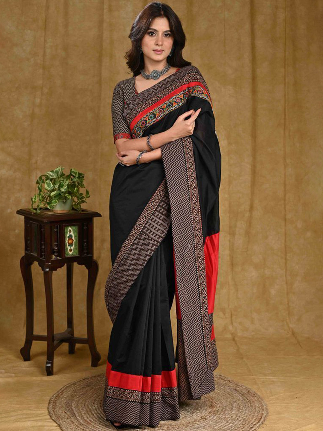 SUJATRA lack Chanderi Saree with Mirror Work Combination Black Ajrakh Border
