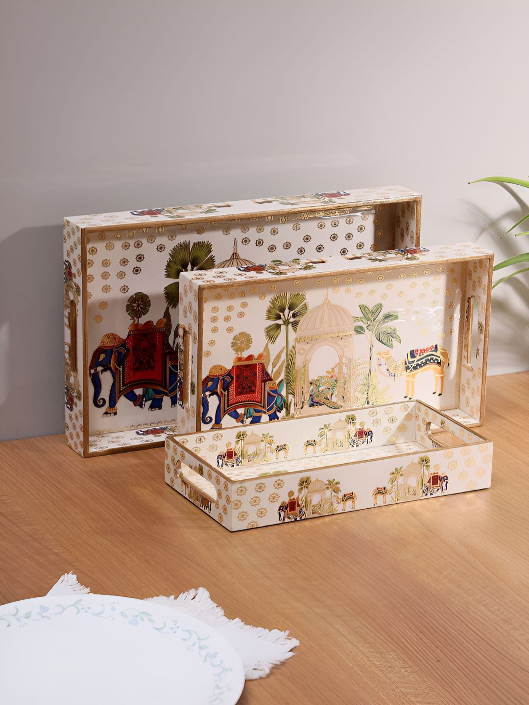 DULI Cream 3 Pieces Printed Enamel Coated Waterproof Easy to Clean MDF Serving Tray