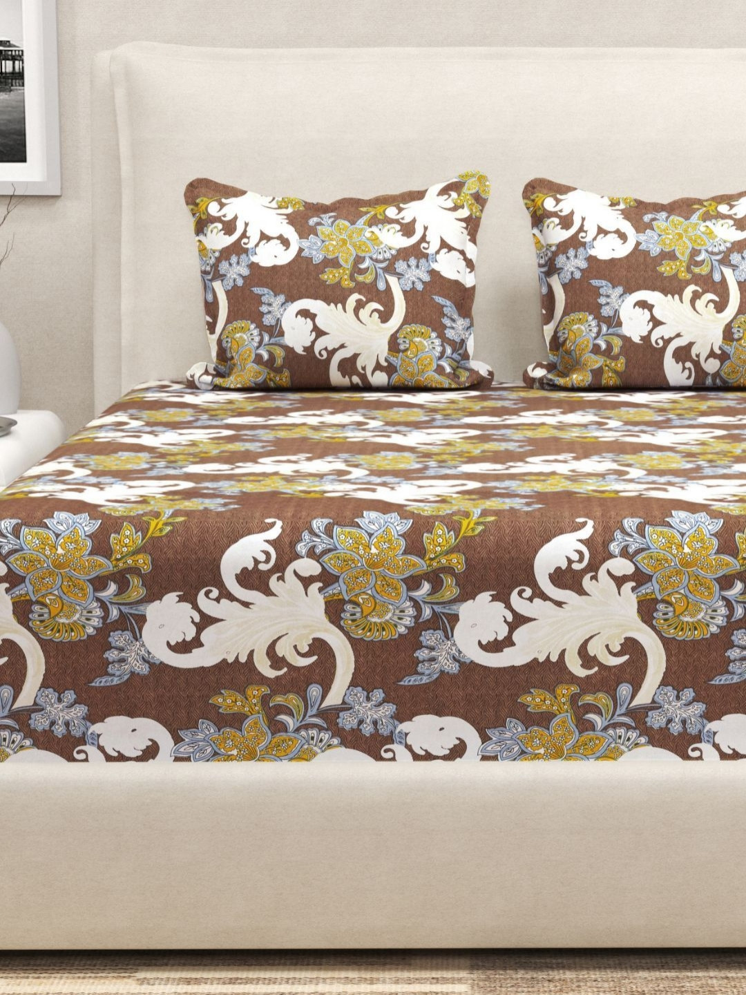 San Marino Brown & White Printed Cotton 350 TC Fitted Queen Bedsheet Set-1.82 m x 1.98 m