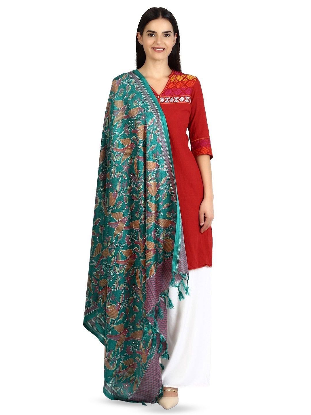 Karthav Fashion Bird Motifs Patola Printed Tasselled Border Dupatta