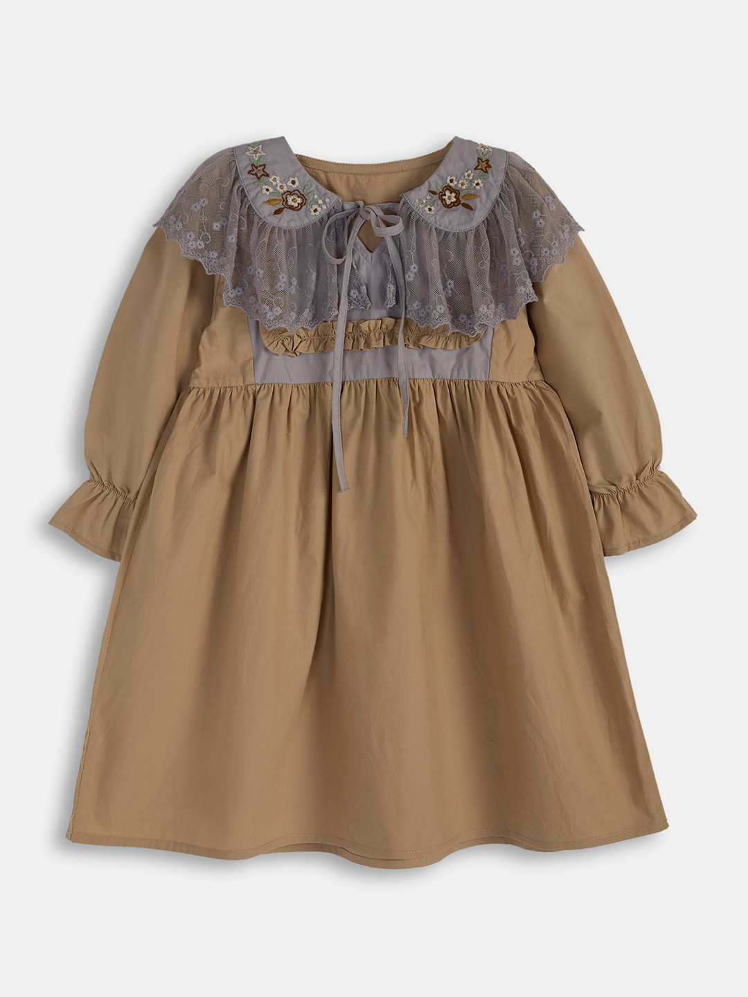 KICO Girls Tie-Up Neck Lace Puff Sleeve Cotton A-Line Dress