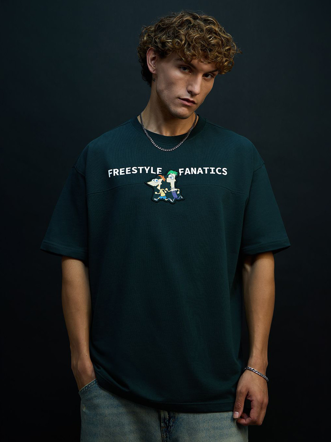 The Souled Store Men Phineas and Ferb Printed Round Neck Pure Cotton Oversized T-shirt