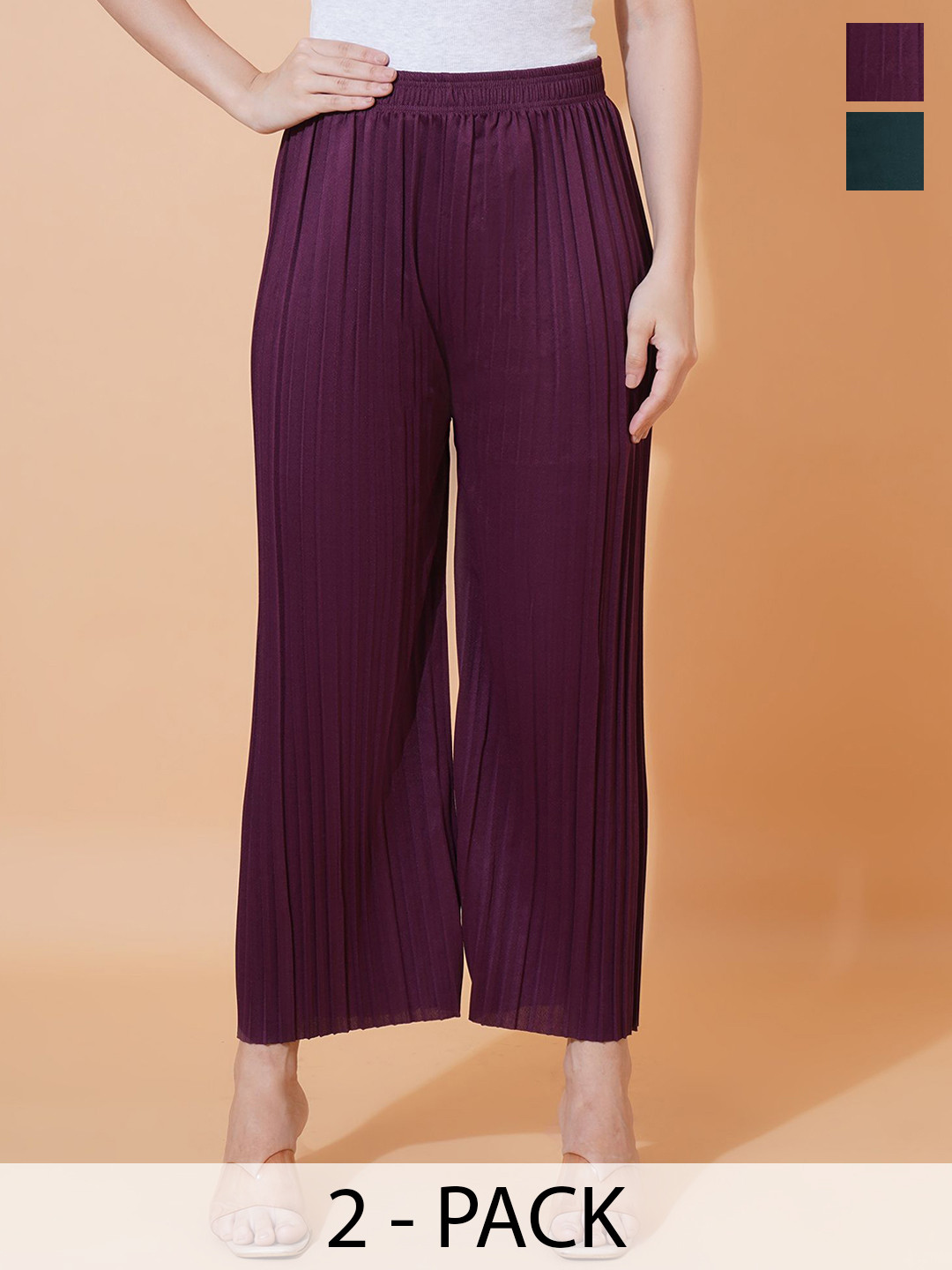 Kushi Flyer Women Pack Of 2 Comfort Loose Fit Pleated Wide Leg Trousers