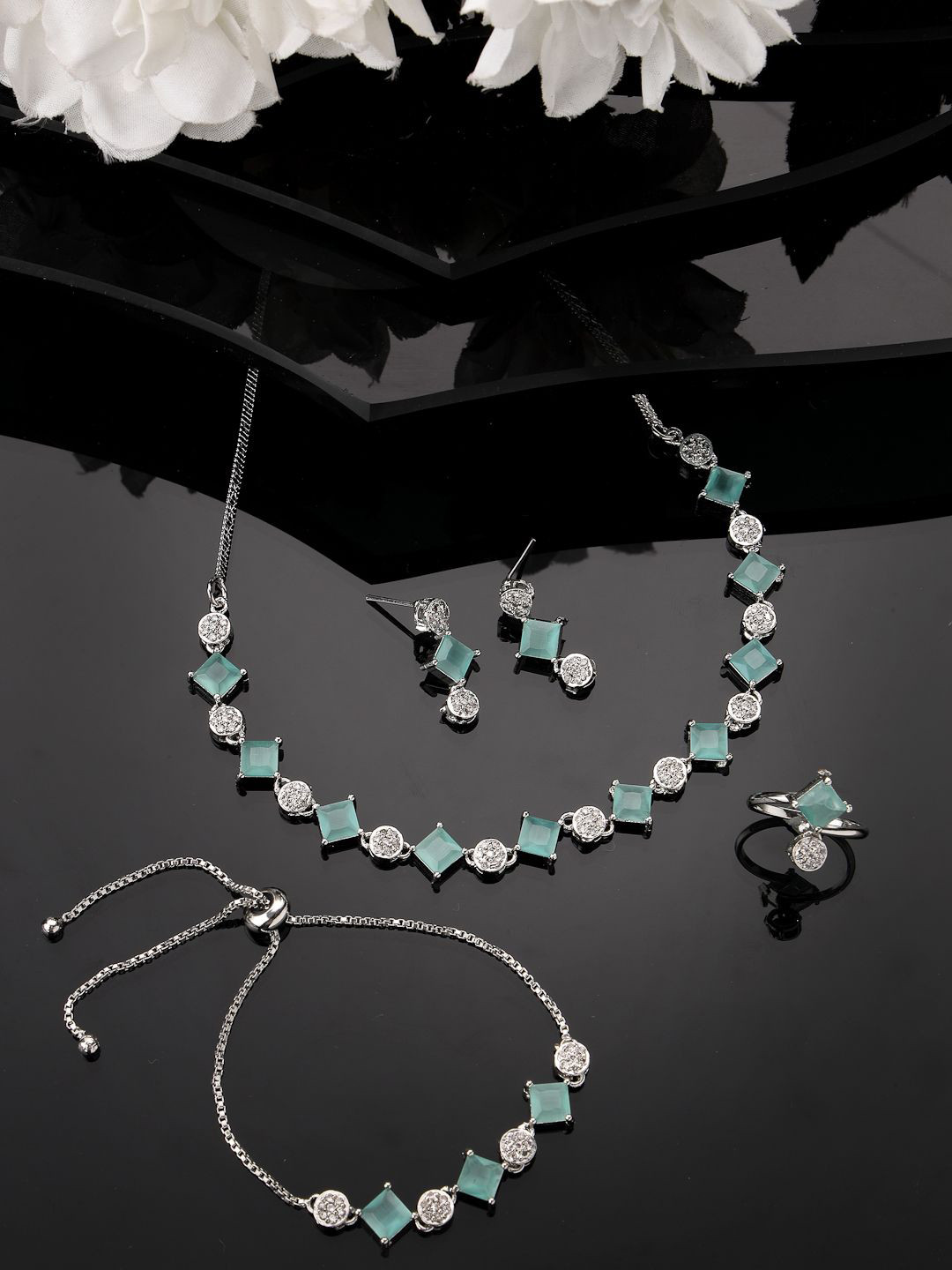 Anouk Women Silver Plated & Blue CZ Stone Handcrafted Jewellery Set