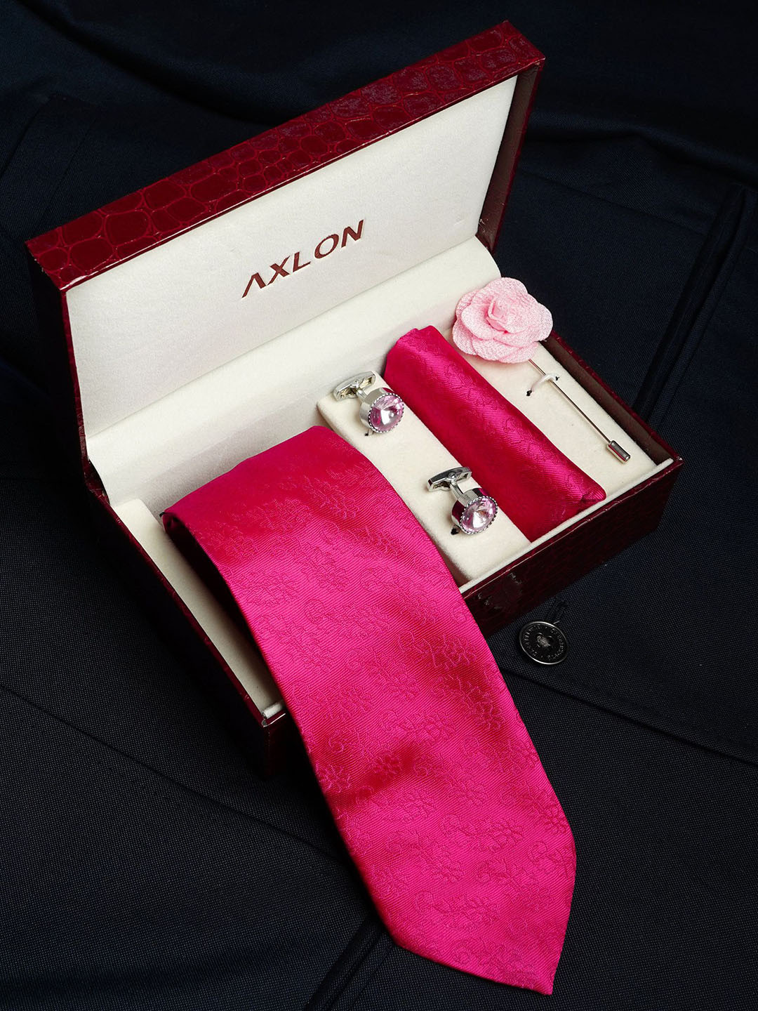 AXLON Men Micro Floral Design Tie Pocket Square Cufflink & Flower Pin Accessory Gift Set