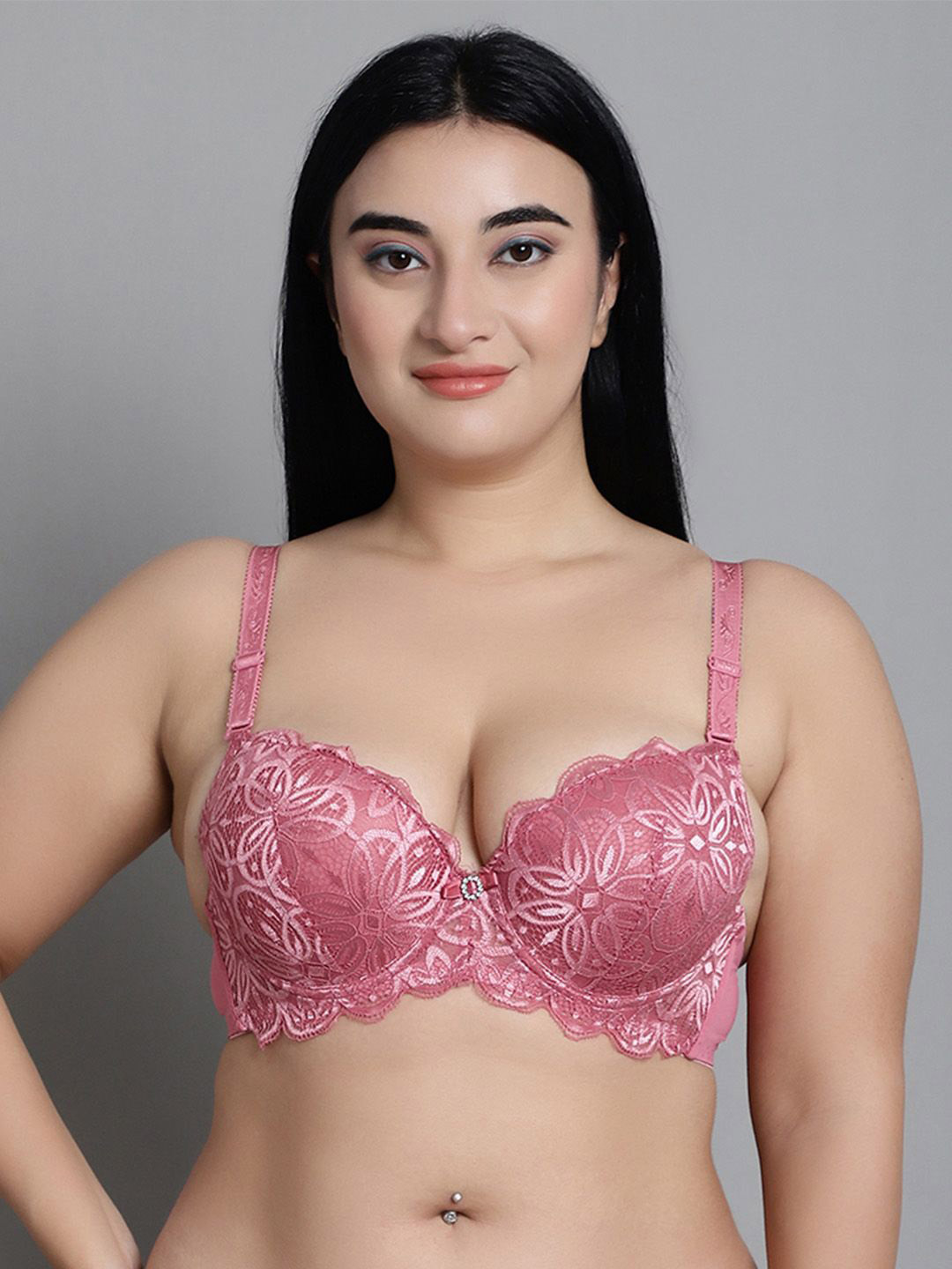 MAKCLAN Anti Odour Underwired Lightly Padded Sensual Petals Lace Plunge Embellished Bra