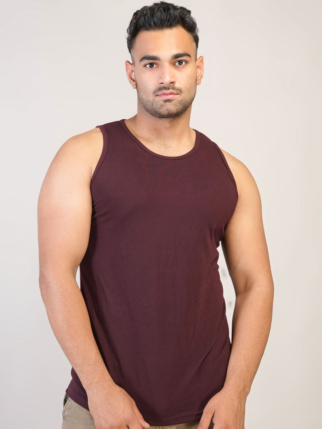 PINK GRAPES Cotton Scoop Neck Basic Vest VEST-PLAIN-BROWN-M