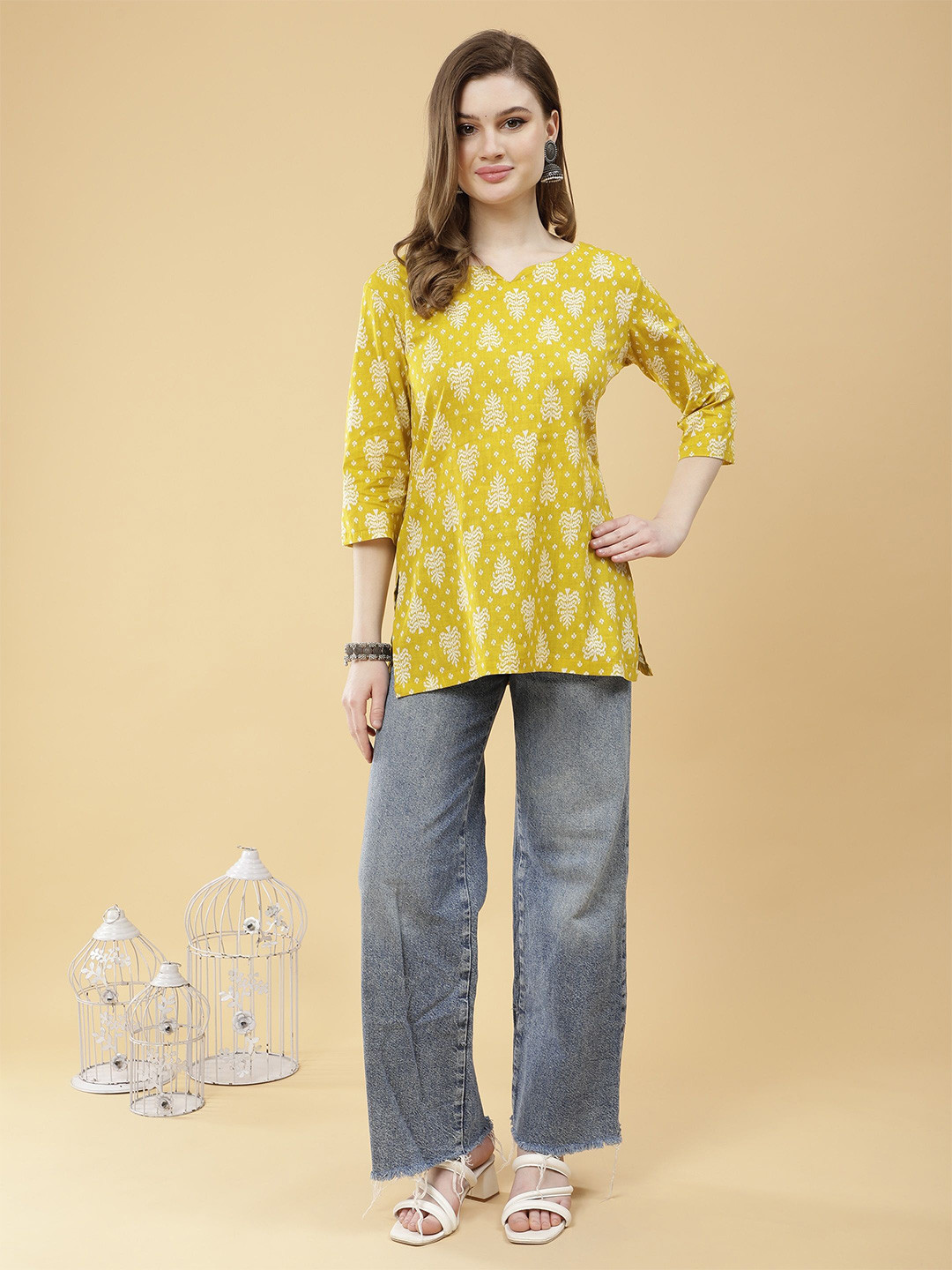 Dogman Women Geometric Printed Ethnic Cotton Longline Top