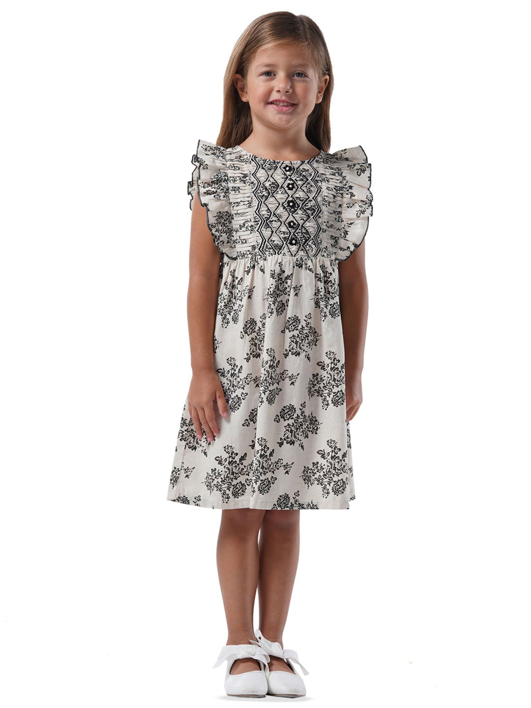 Cherry Crumble Girls Floral Print Monochrome Pure Cotton Fit & Flare Dress