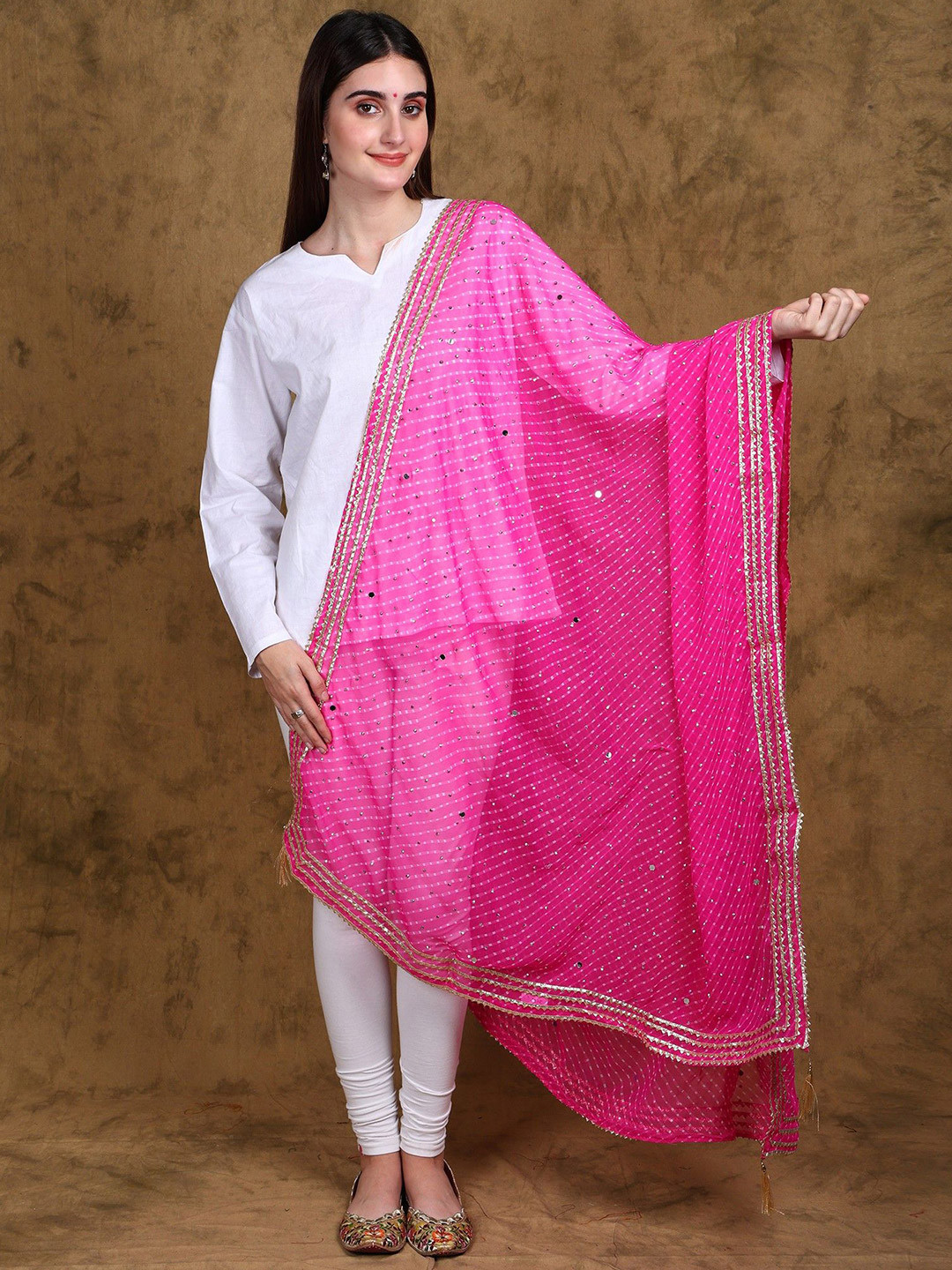 Exotic India Georgette Striped Dupatta With Bead Mirror Work And Lace Border From Amritsar