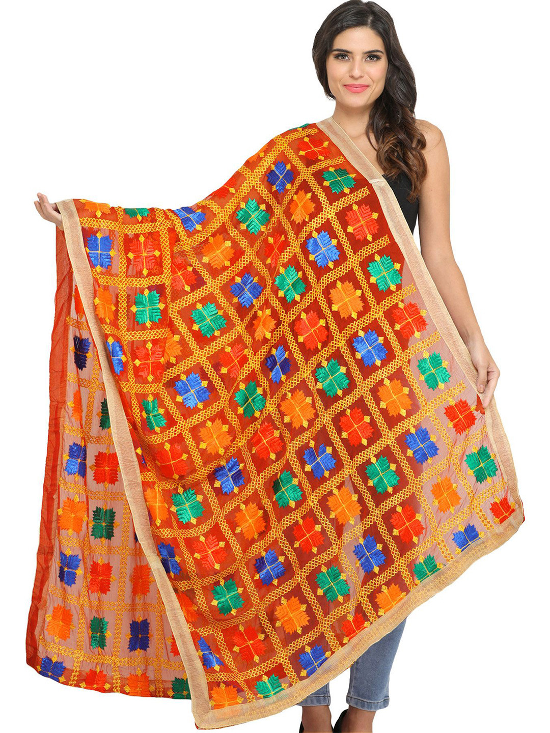 Exotic India Phulkari Dupatta From Punjab With Chiffon Embroidery All-Over