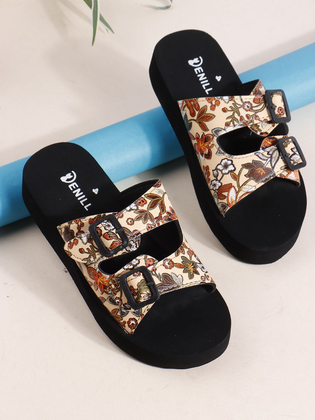 Denill Women Printed Ultra Soft Adjustable Strap Buckles Open Toe Flats