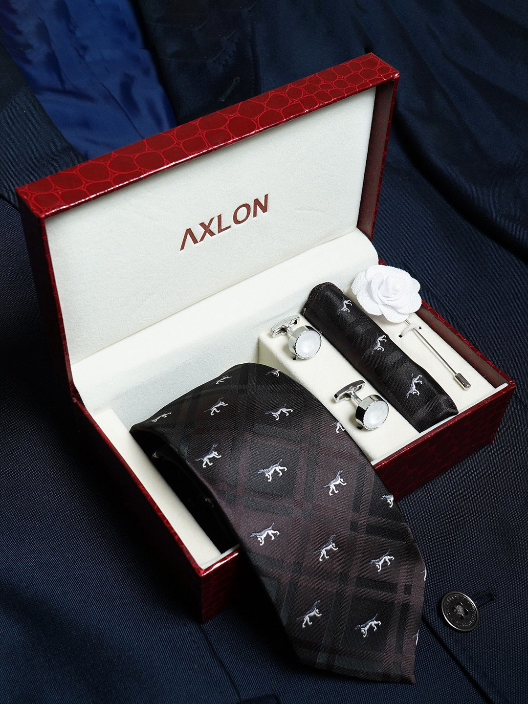 Axlon Men Animal Printed Tie, Cufflinks, Flower Pin & Pocket Square Accessory Gift Set