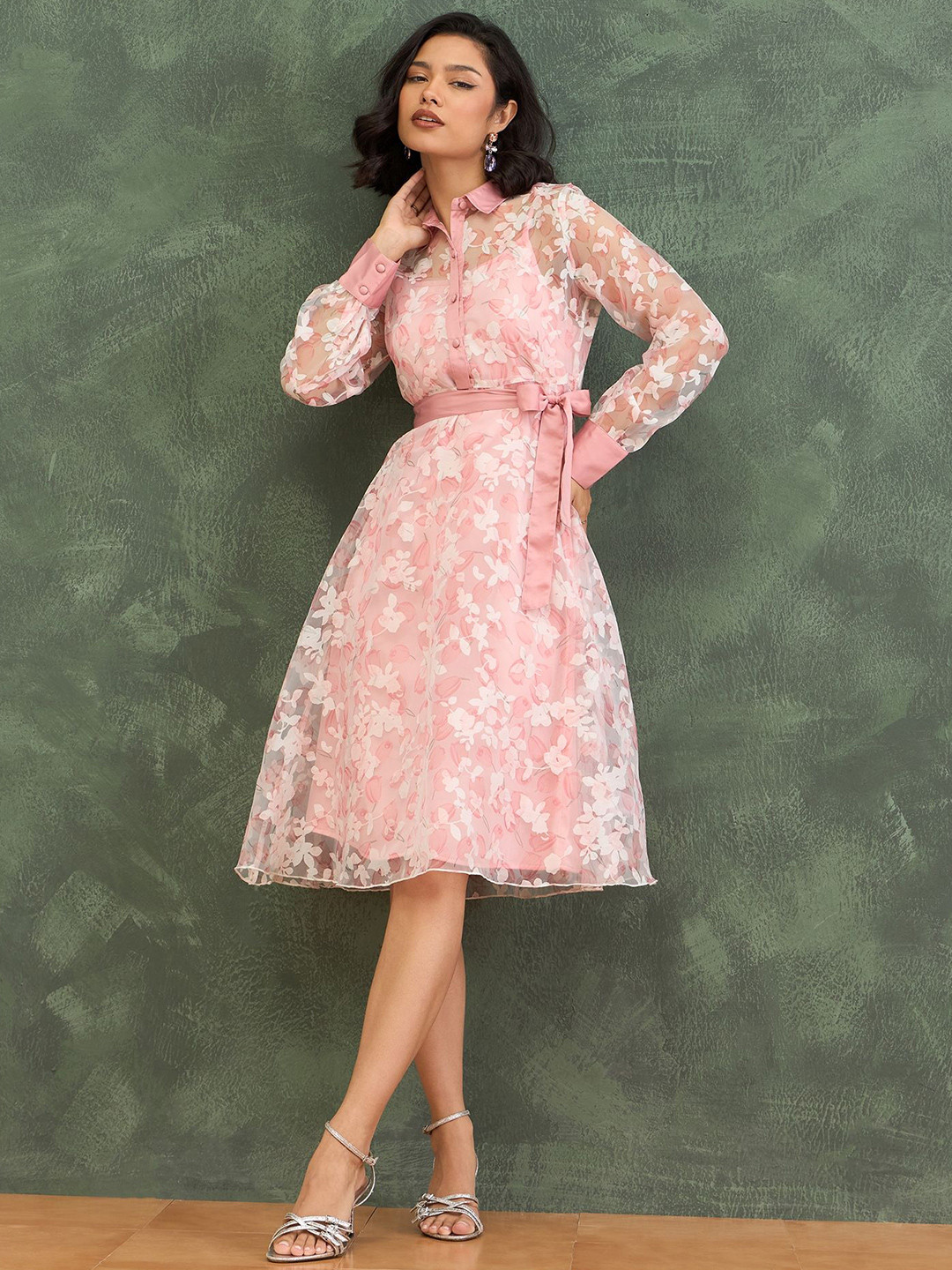 Iconic Floral Print Shirt Coller Cuffed Sleeves Fit & Flare Dress