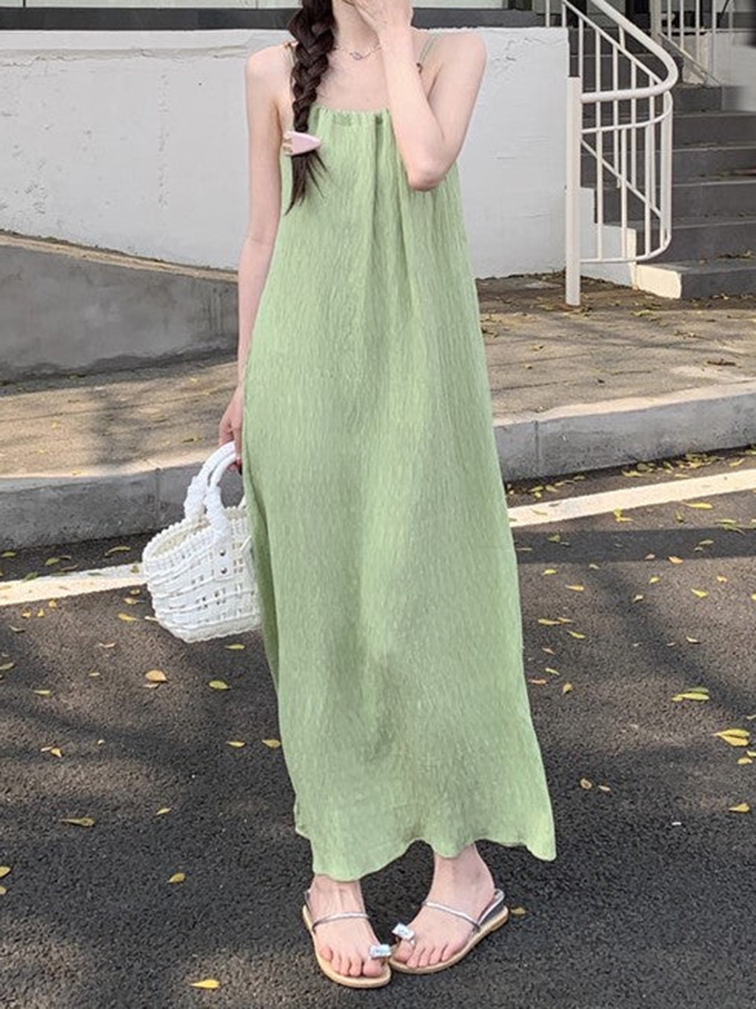 Outzidr Green Textured Slip Dress