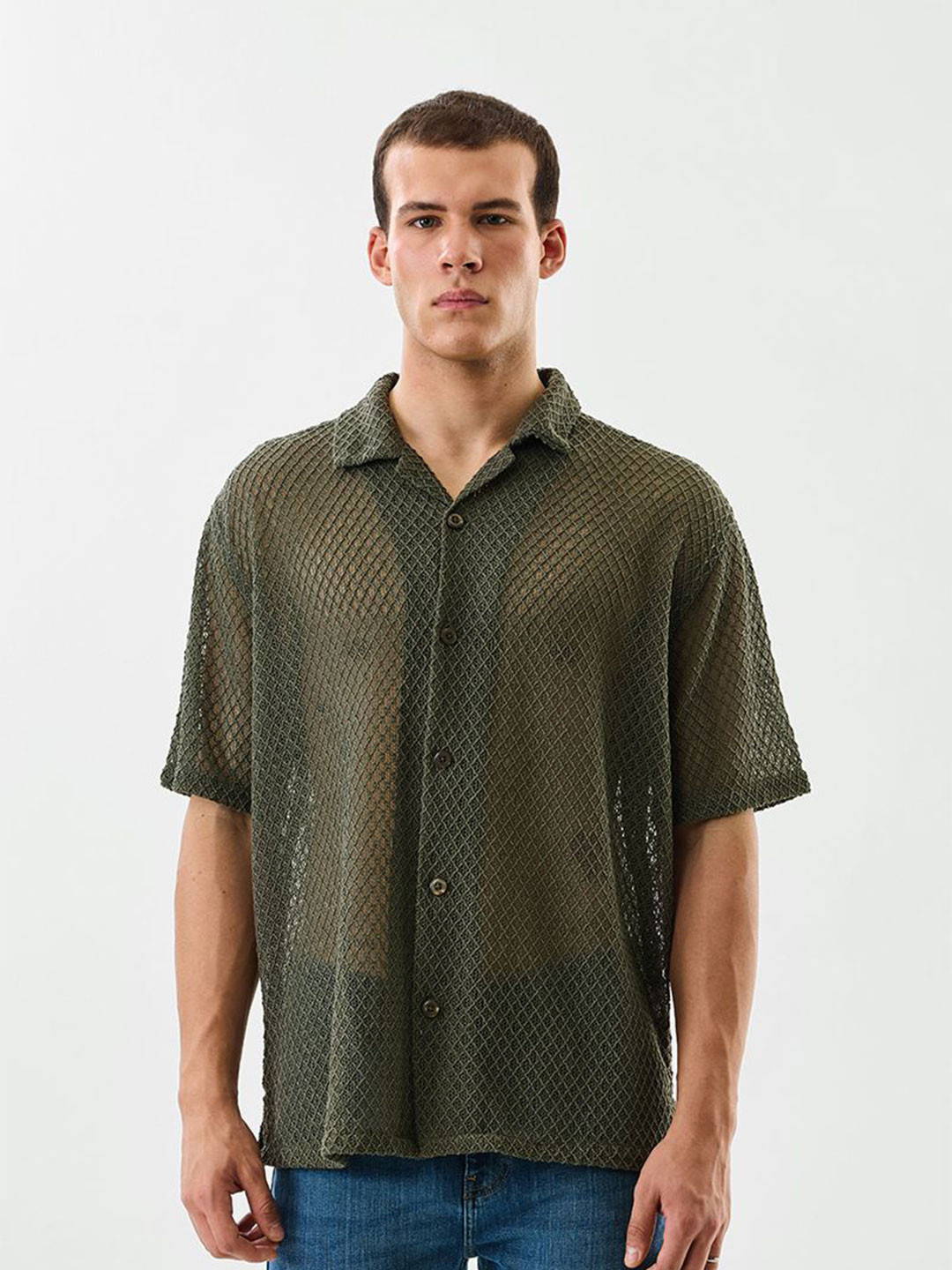 Snitch Boxy Textured Crochet Semi Sheer Boxy Fit Casual Shirt