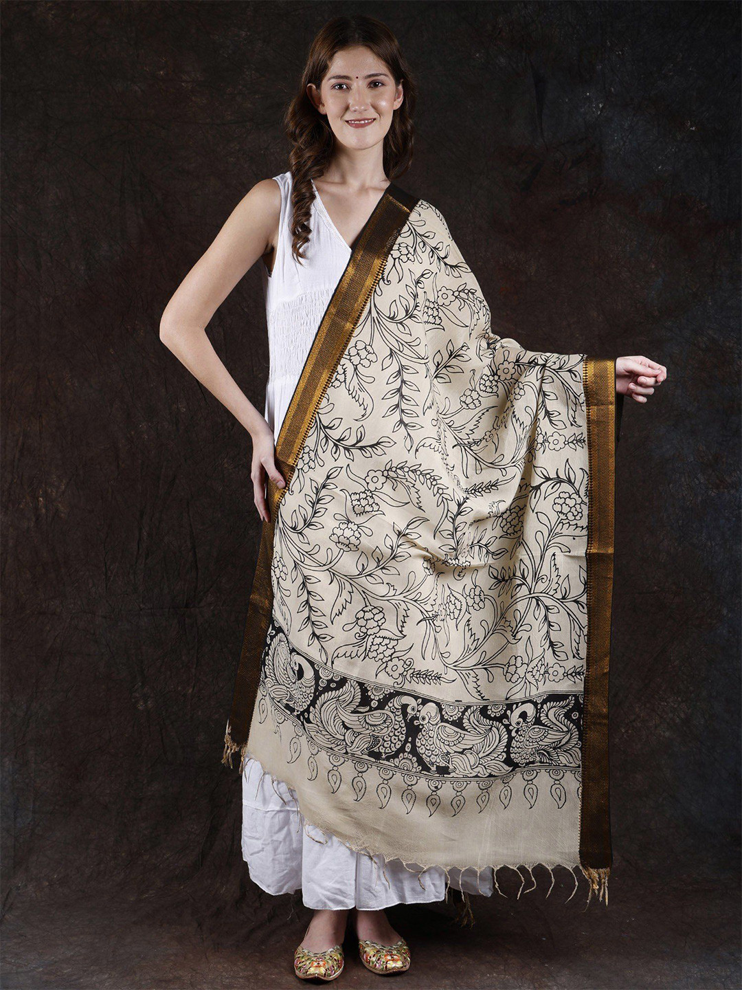 Exotic India Printed Pure Cotton Kalamkari Dupatta with Zari Flowers & Peacocks On Border