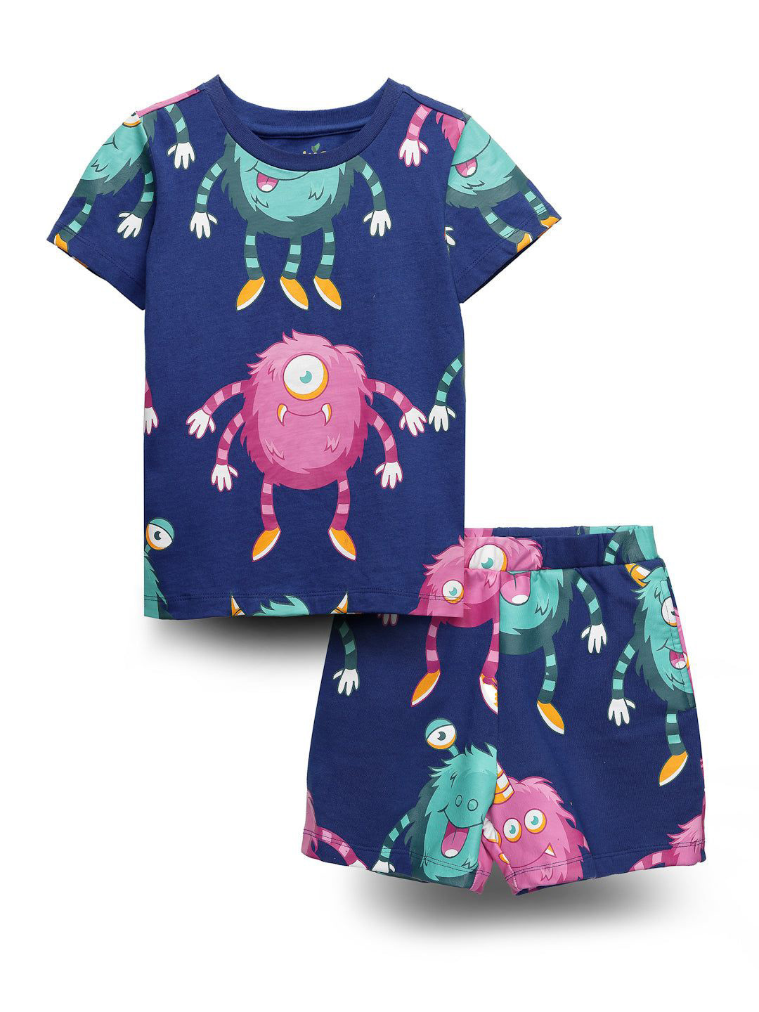SPUNKIES Unisex Kids Happy Monster Printed Pure Cotton T-Shirt With Shorts