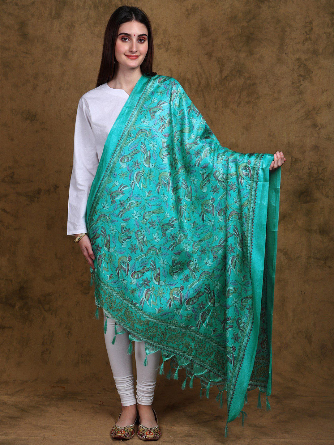 Exotic India Banglori Satin Birds And Leaf Printed Dupatta With Tassels