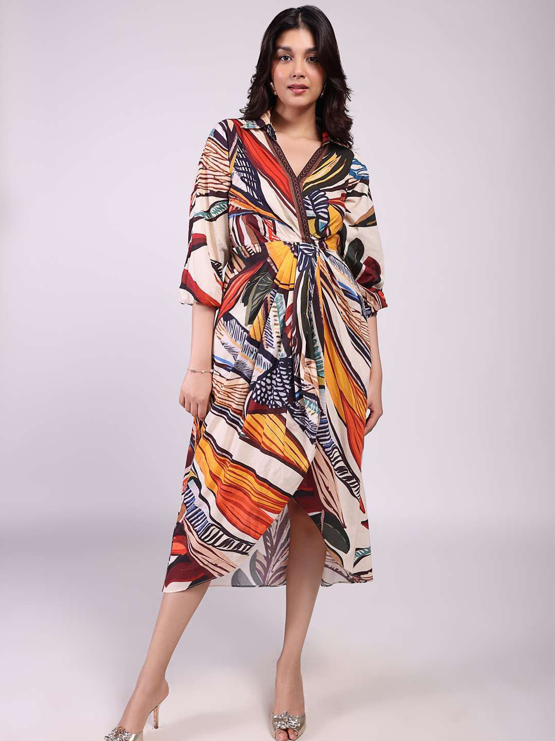 POPPI Cotton Cinnamon Printed Shirt Collar Wrap Dress