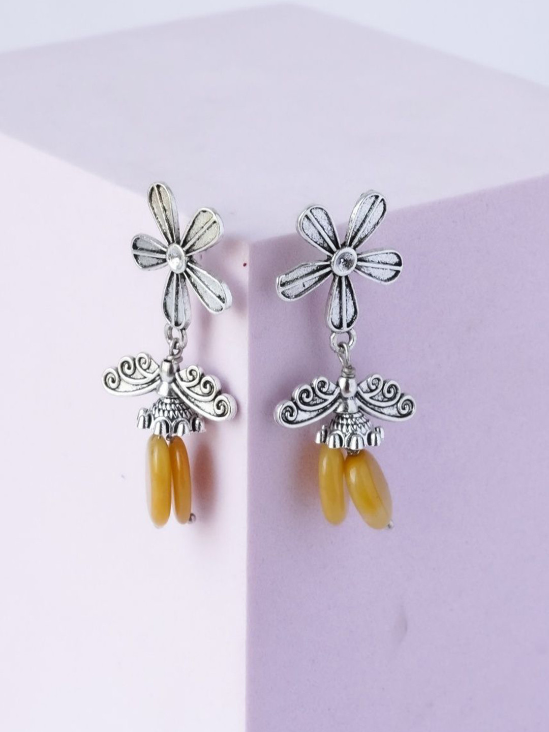 Shrim jewels Labradorite Stones Studded Floral Shaped Drop Earrings