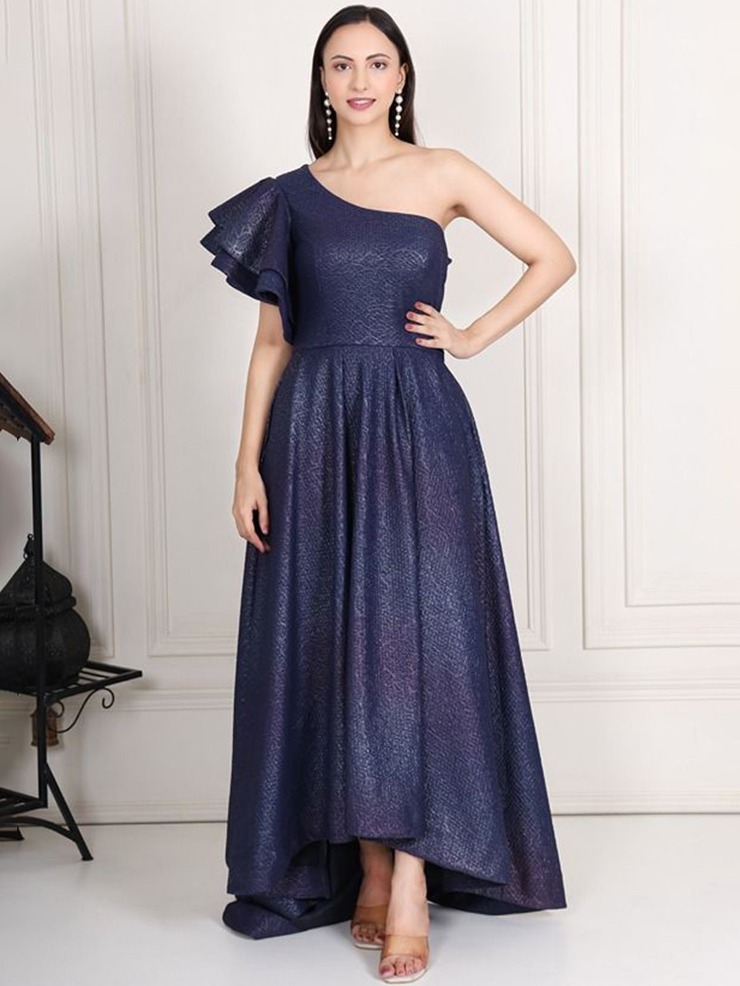 KRIDHAA FASHION BOUTIQUE Women One Shoulder Flared Sleeve Fit & Flare Maxi Dress
