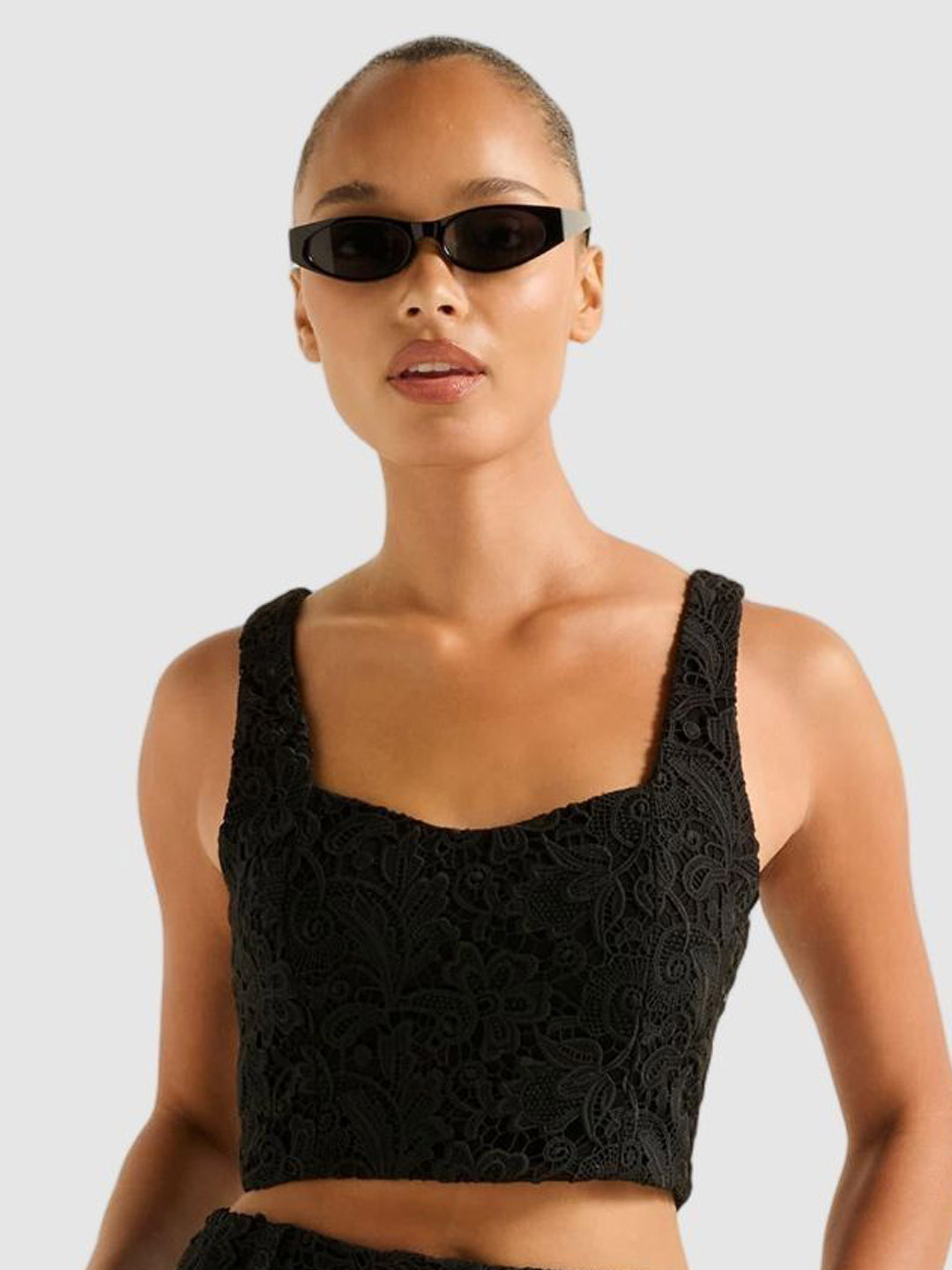 Forever New Self Design Sweetheart Neck Lace Crop Top