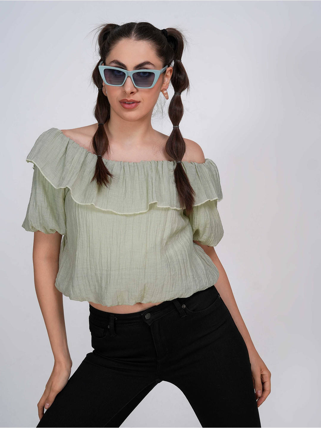 clobug Women Off-Shoulder Balloon Crop Top