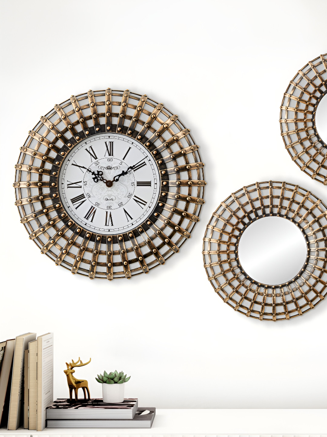 Home Centre Corvus Mystic Brown & White 3Pieces Textured Analogue Mirrors & Wall Clock Set