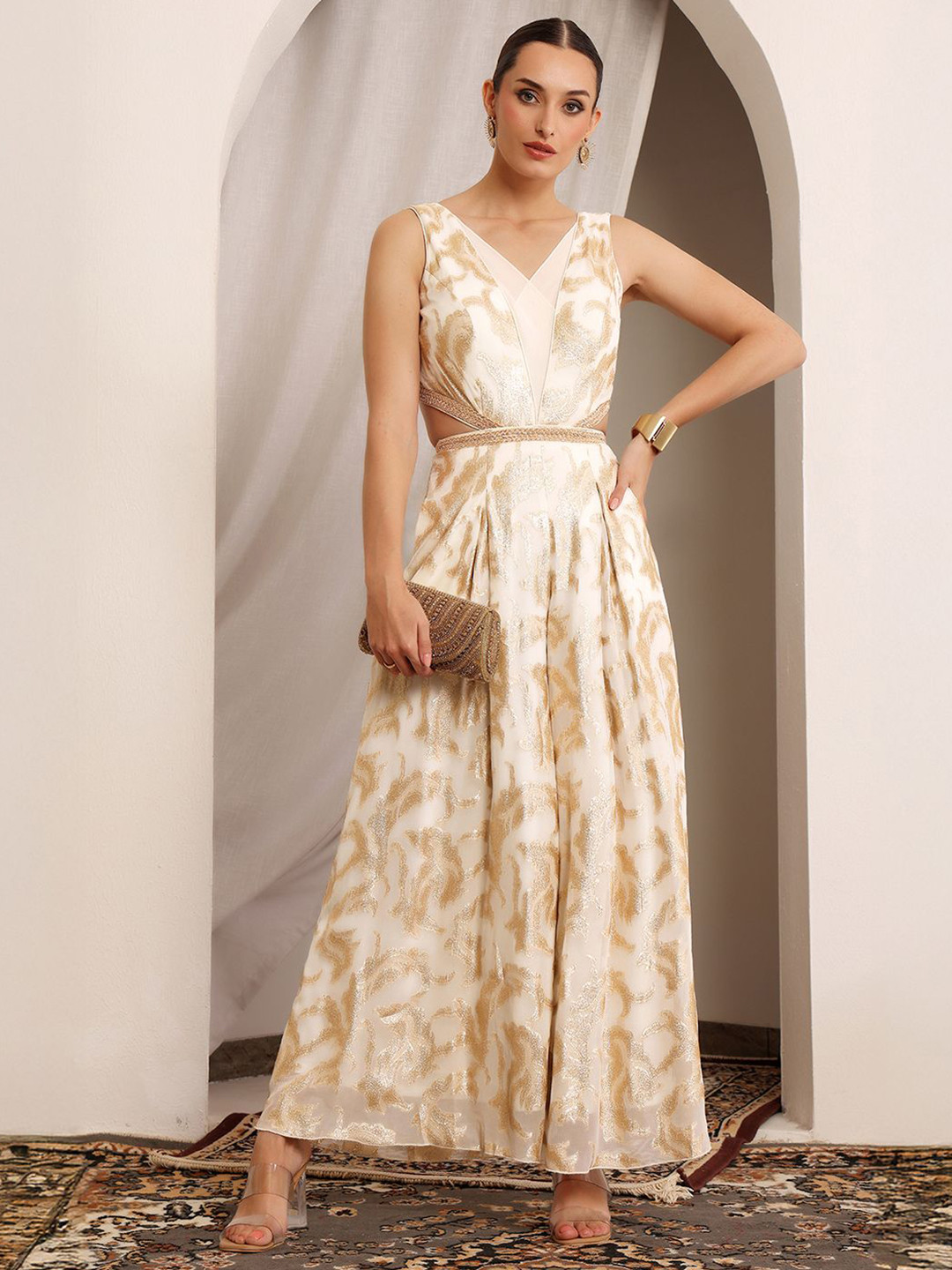 Miss Chase Women V-Neck Self-Designed Pleated Regular-Length Georgette Ethnic Jumpsuit