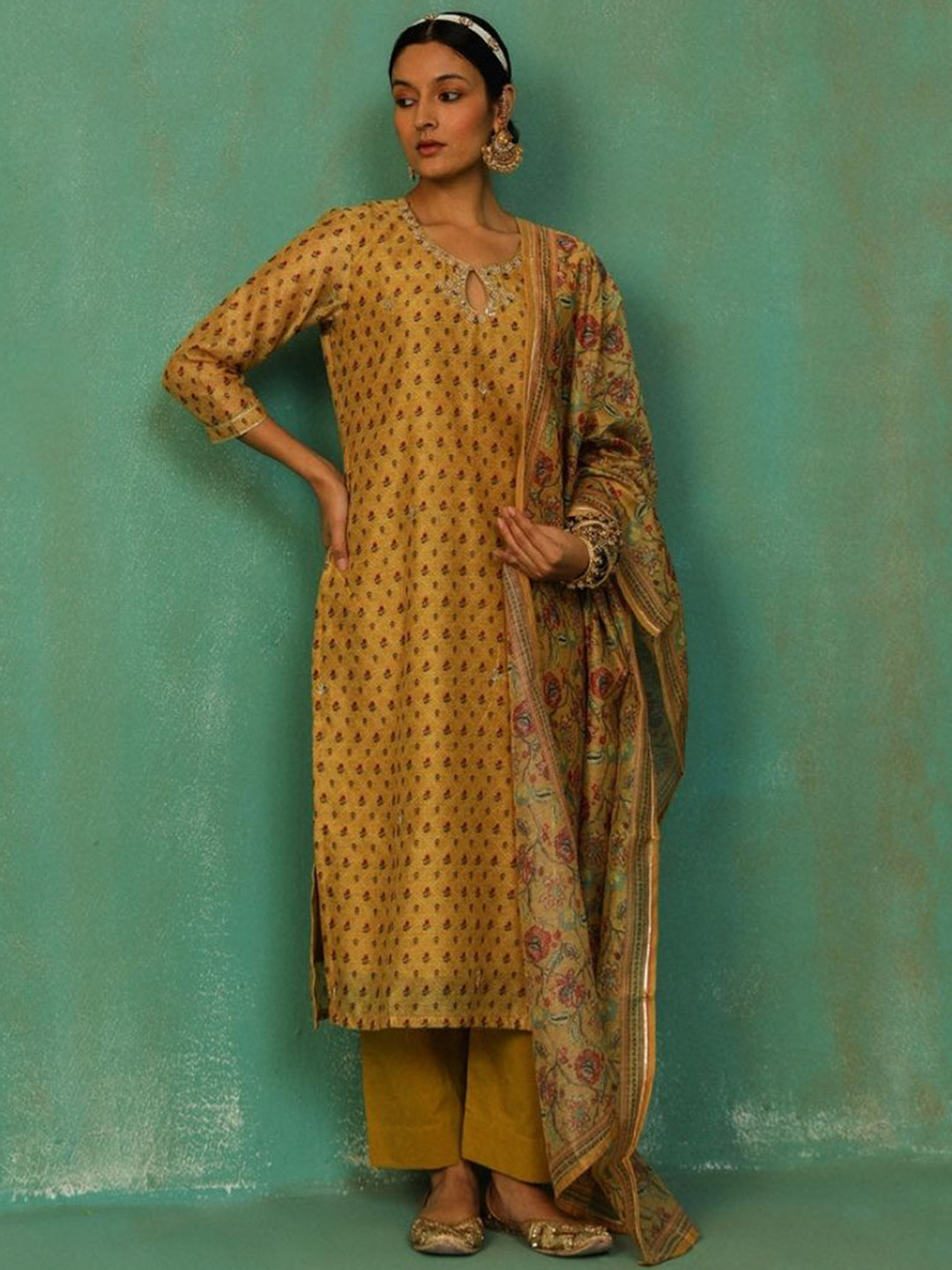 Heritage Women Floral Print Mirror Work Pure Cotton Kurta with Trousers & With Dupatta